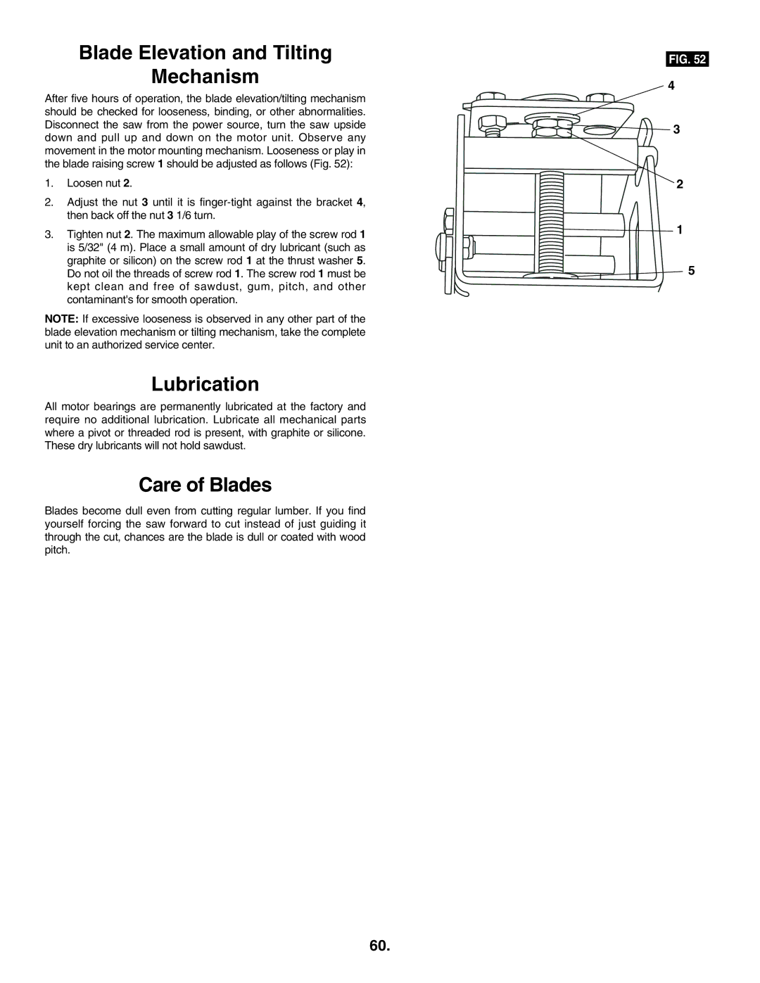 Skil 3305-01 manual Blade Elevation and Tilting Mechanism, Lubrication, Care of Blades 