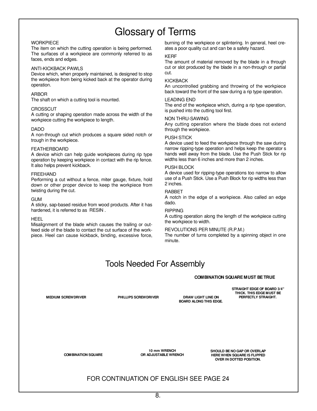 Skil 3305-01 manual Glossary of Terms, Tools Needed For Assembly 