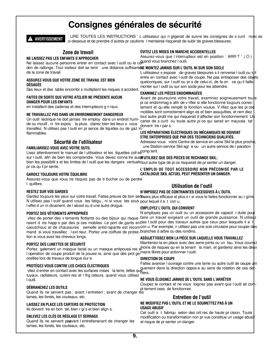 Skil 3305-01 manual Consignes générales de sécurité, Zone de travail, Sécurité de l’utilisateur, Utilisation de l’outil 