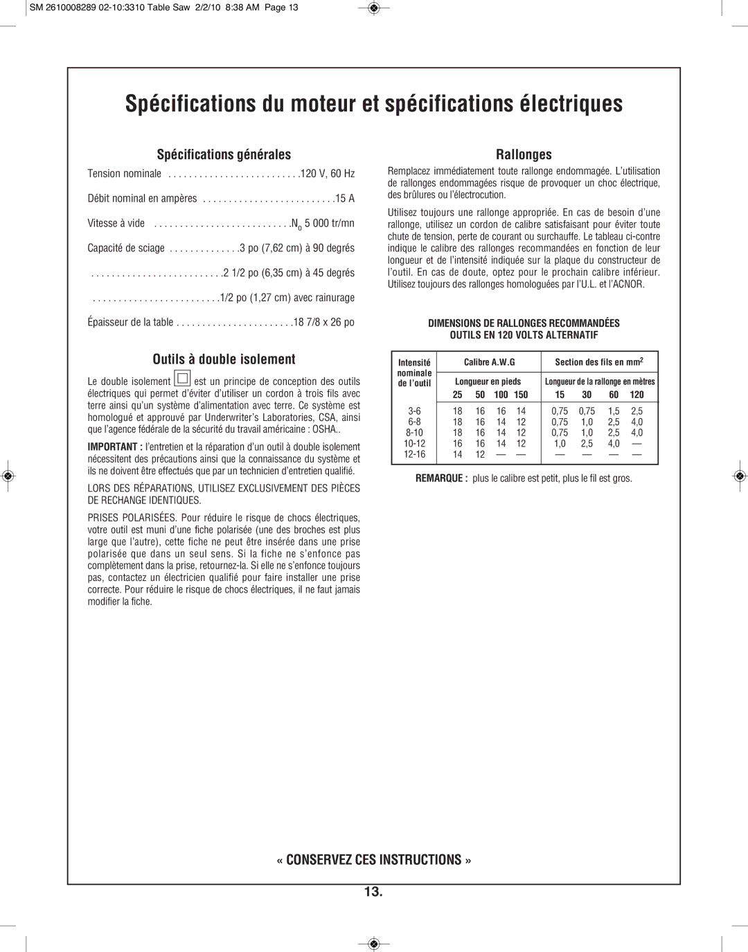 Skil 3310 manual Spécifications du moteur et spécifications électriques, Spécifications générales, Rallonges 