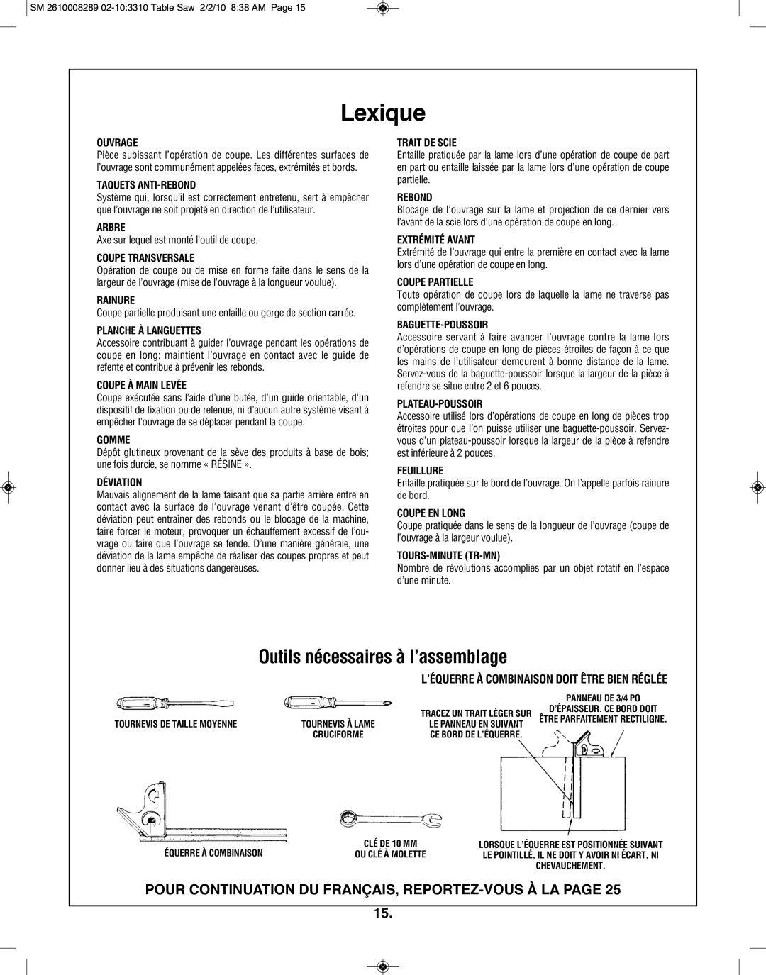 Skil 3310 manual Lexique, Outils nécessaires à l’assemblage 