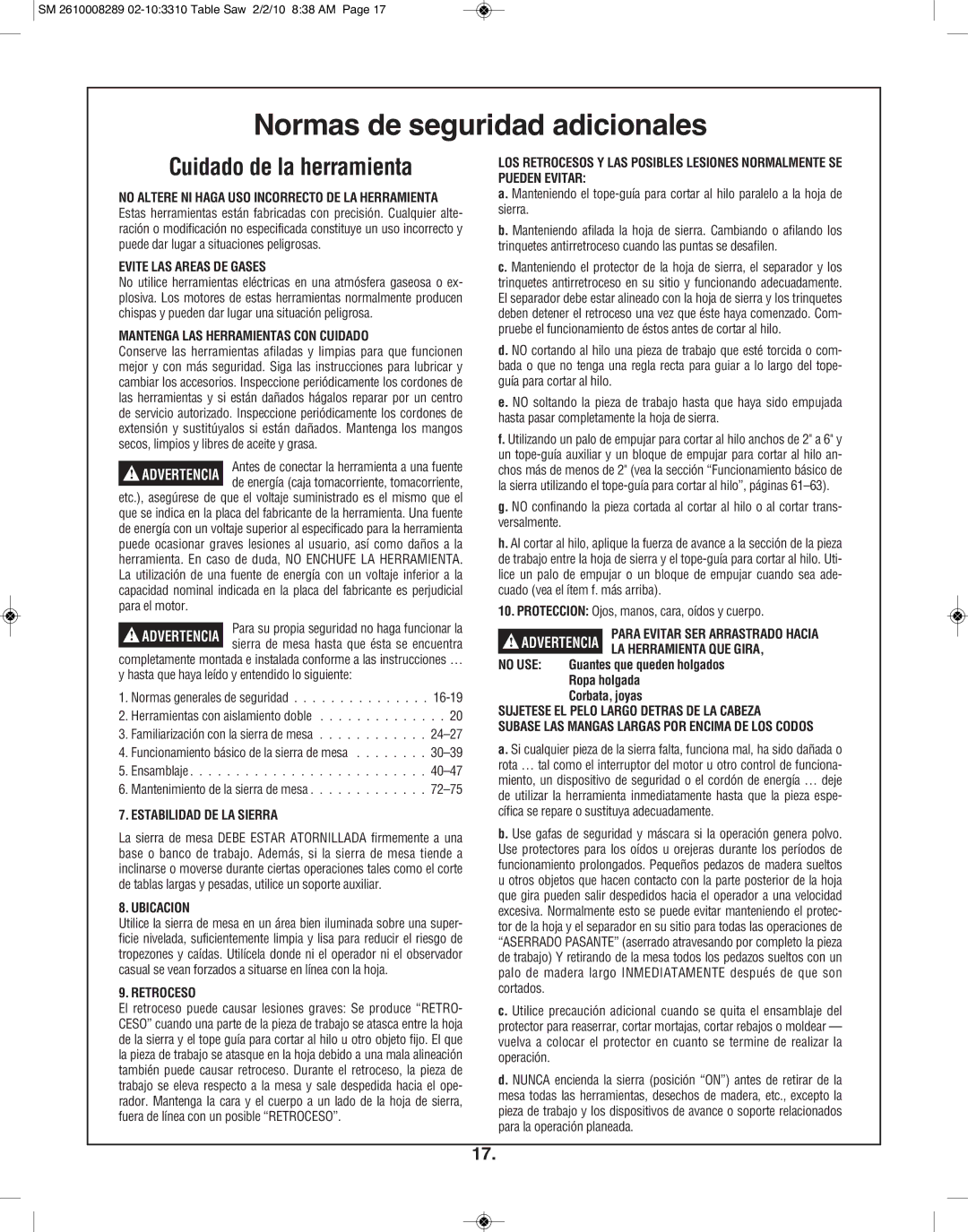 Skil 3310 manual Normas de seguridad adicionales, Cuidado de la herramienta 