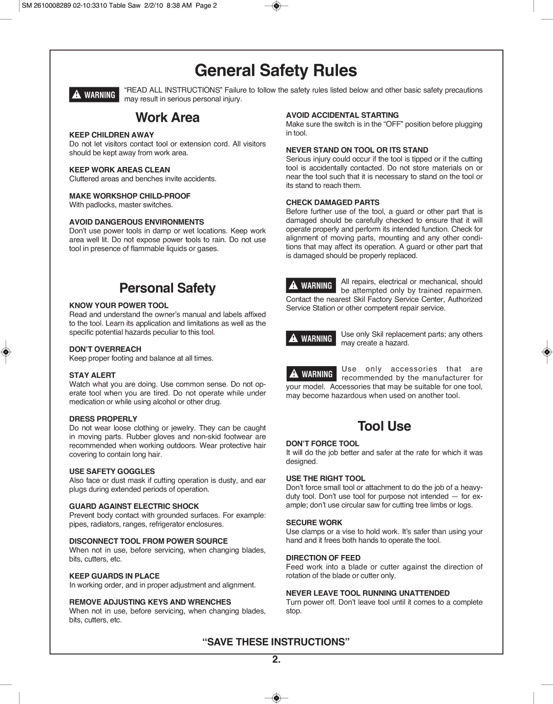 Skil 3310 manual General Safety Rules, Work Area, Personal Safety, Tool Use 