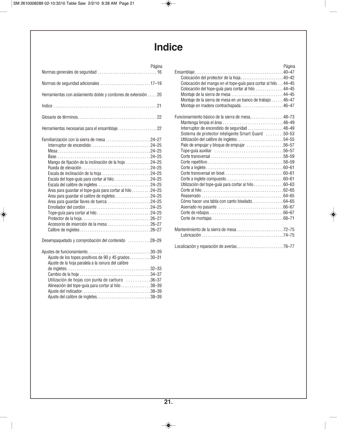 Skil 3310 manual Indice, Localización y reparación de averías 