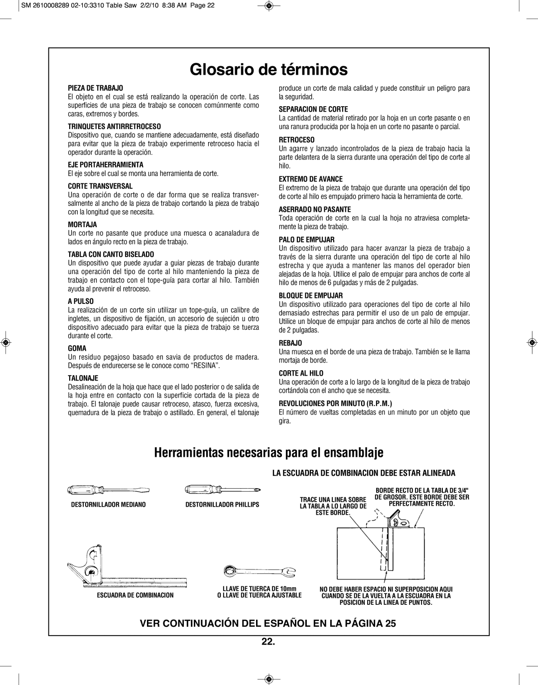 Skil 3310 manual Glosario de términos, Herramientas necesarias para el ensamblaje 