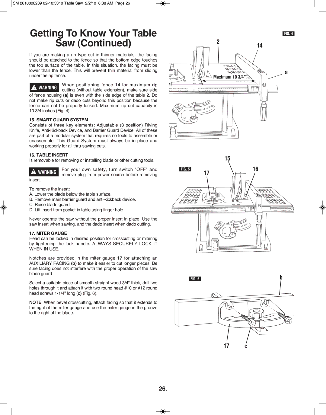 Skil 3310 manual 17 c, Smart Guard System, Table Insert, Miter Gauge 