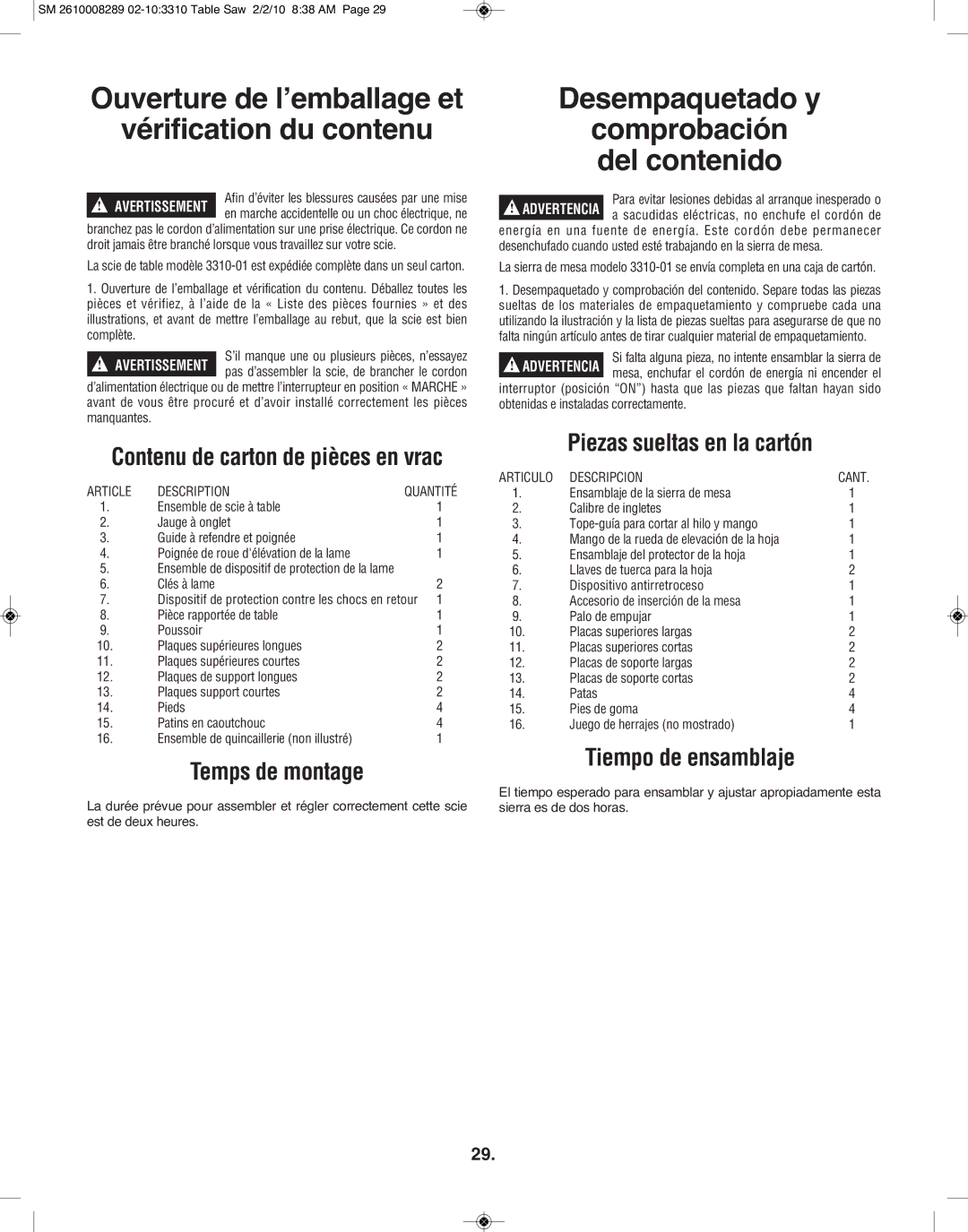 Skil 3310 Ouverture de l’emballage et Vérification du contenu, Desempaquetado y, Temps de montage, Tiempo de ensamblaje 