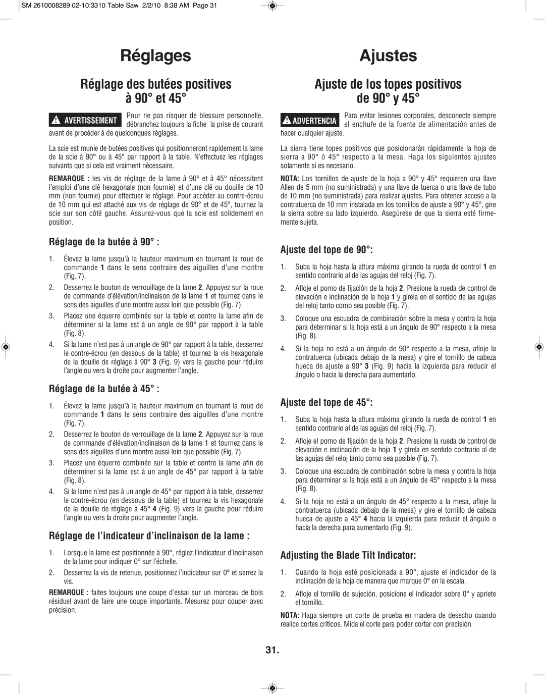 Skil 3310 manual RéglagesAjustes, Réglage des butées positives 90 et, Ajuste de los topes positivos De 90 y 