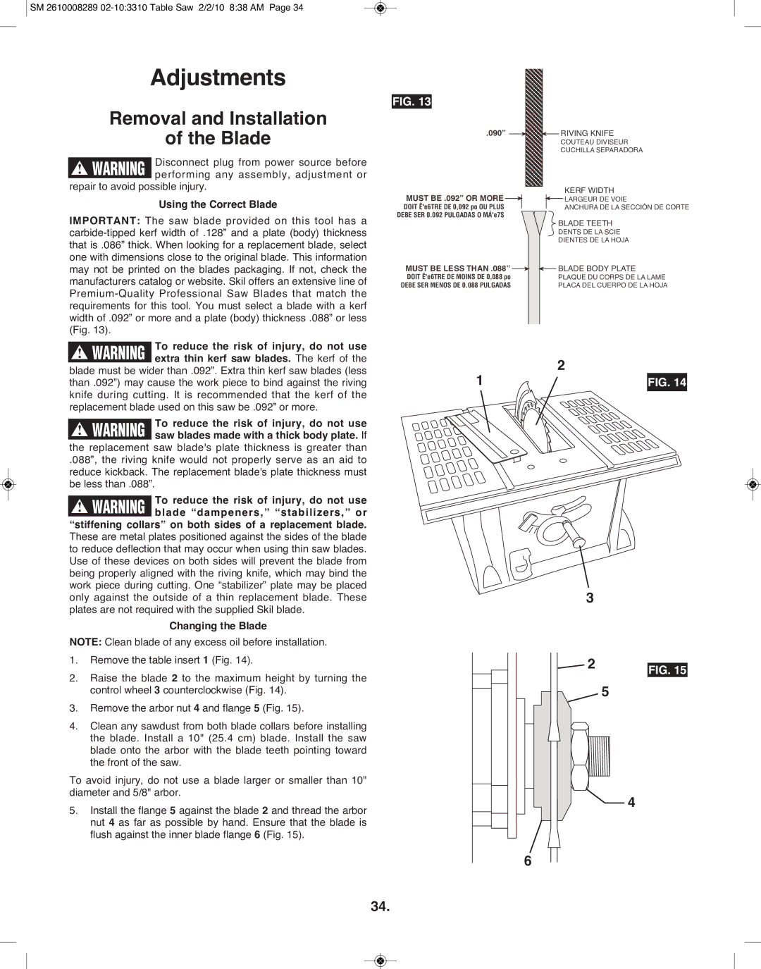 Skil 3310 manual Removal and Installation Blade, Using the Correct Blade 