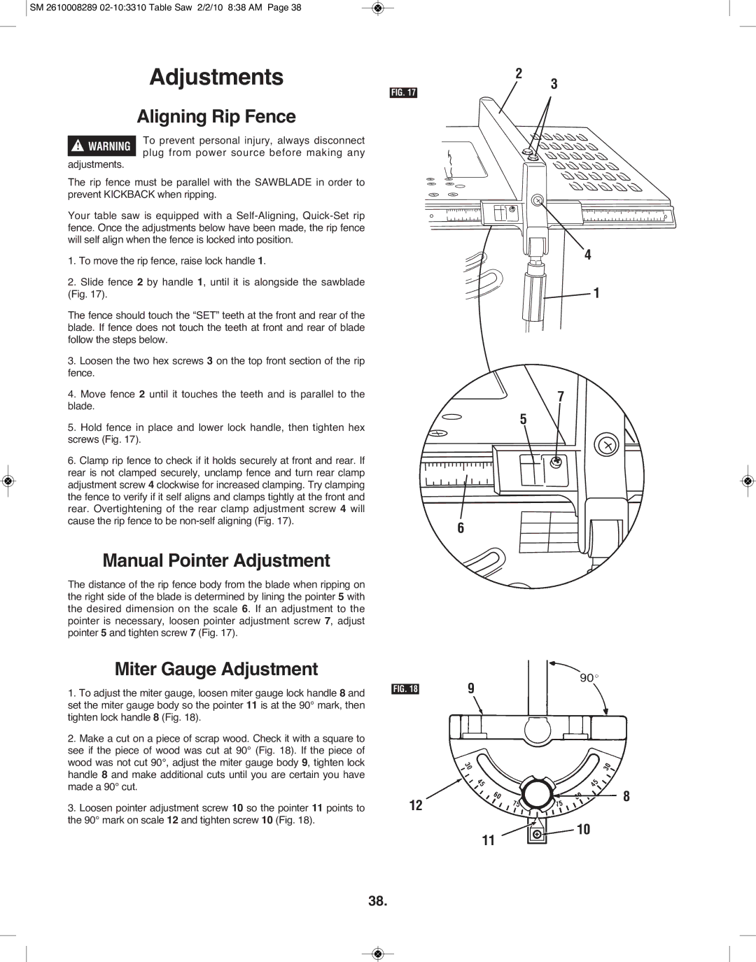 Skil 3310 manual Aligning Rip Fence, Manual Pointer Adjustment, Miter Gauge Adjustment 