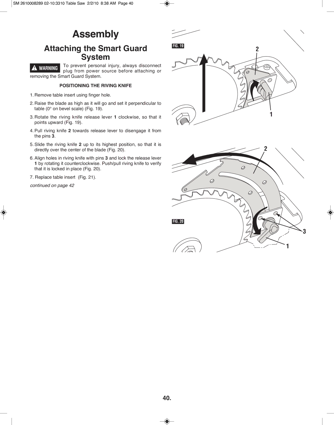 Skil 3310 manual Attaching the Smart Guard System, Positioning the Riving Knife 