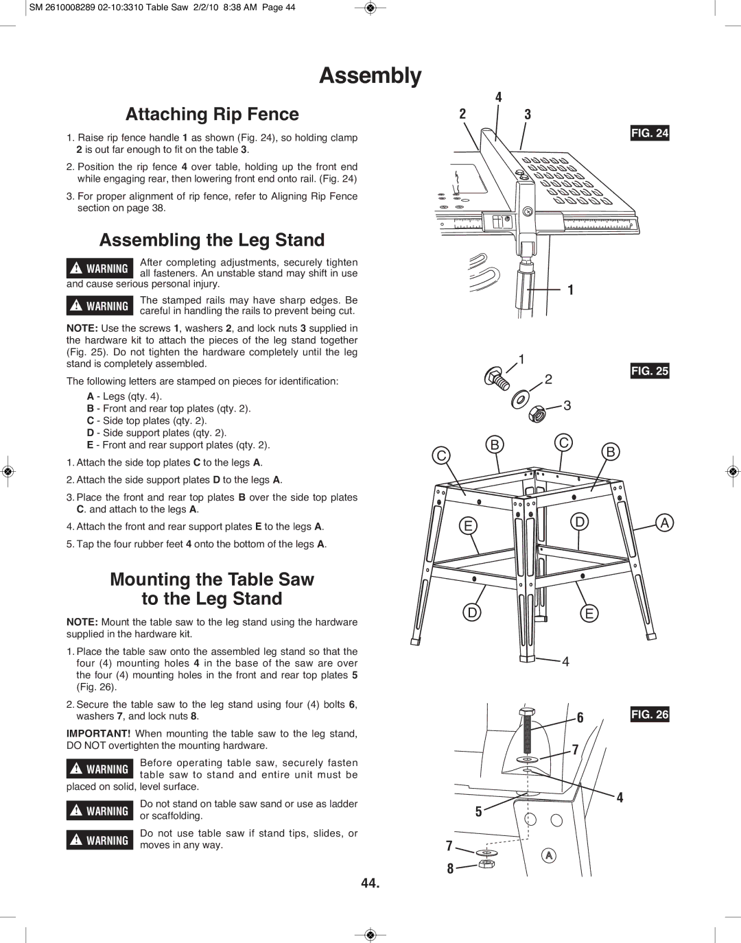 Skil 3310 manual Assembly, Attaching Rip Fence, Assembling the Leg Stand, Mounting the Table Saw To the Leg Stand 