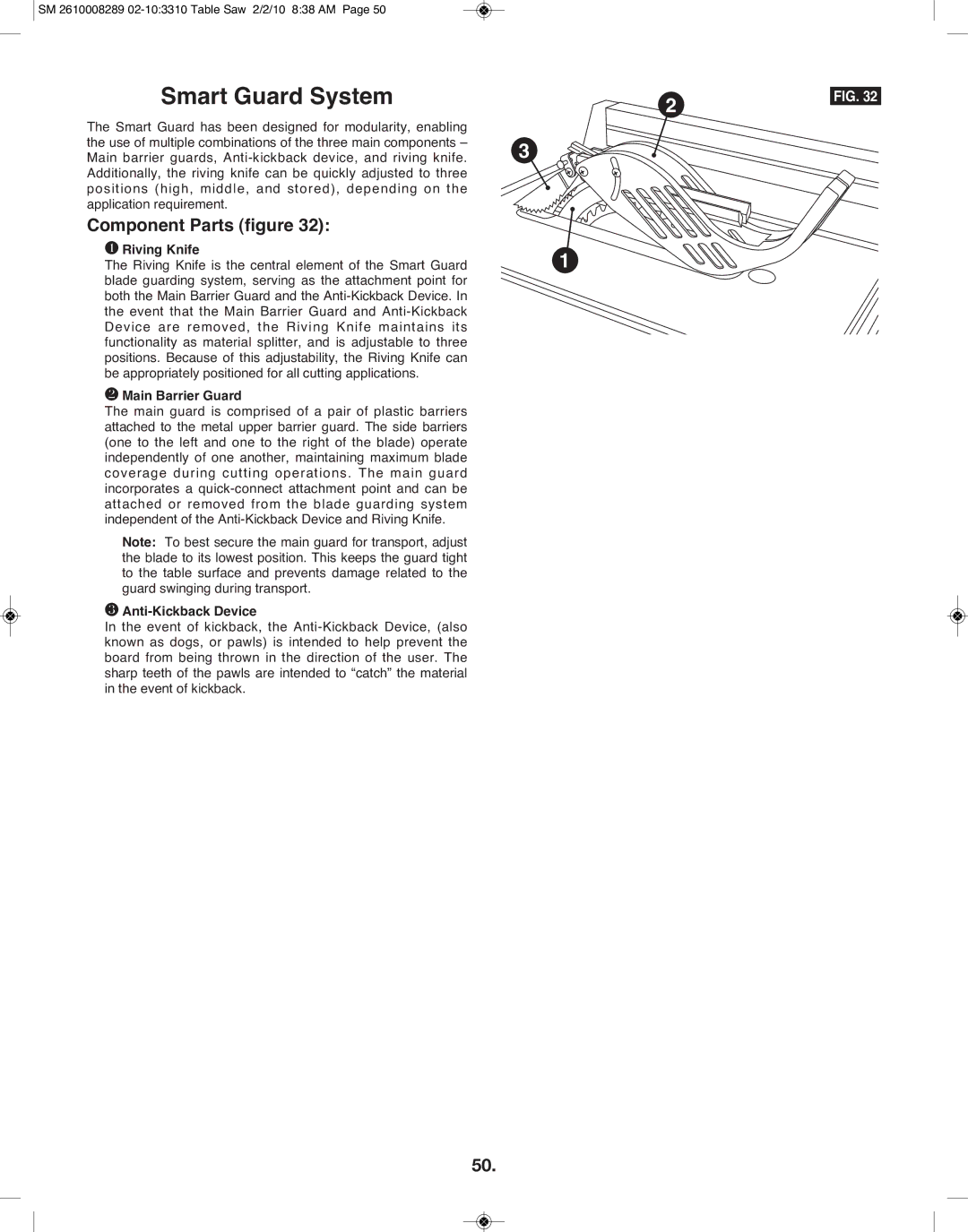 Skil 3310 manual Component Parts figure, ❶ Riving Knife, ❷ Main Barrier Guard, ❸ Anti-Kickback Device 