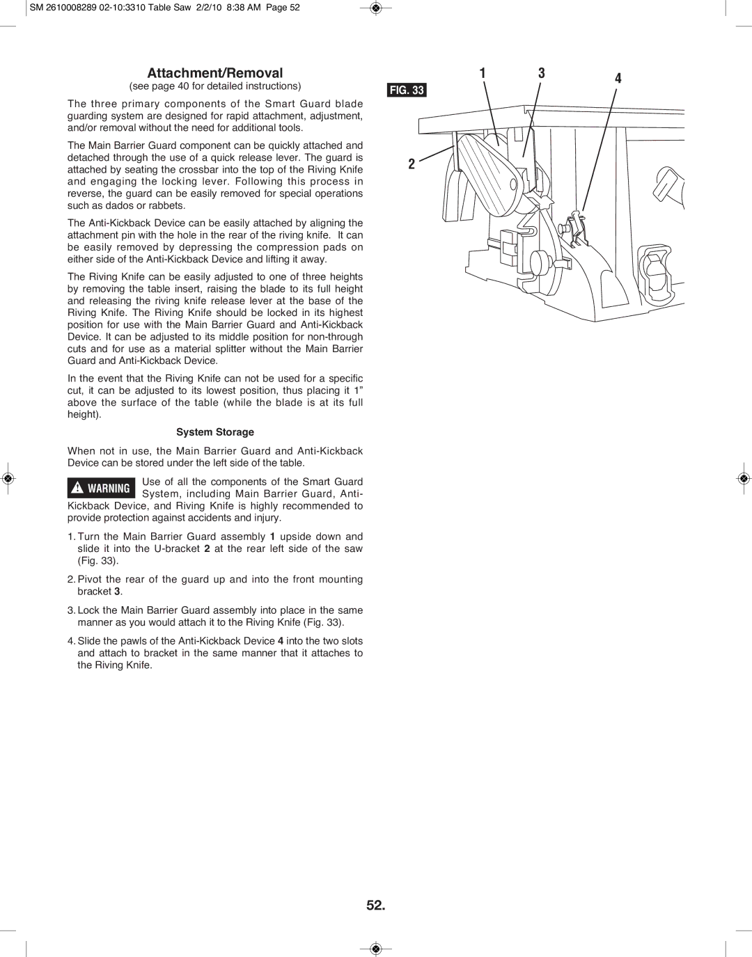 Skil 3310 manual Attachment/Removal, See page 40 for detailed instructions, System Storage 