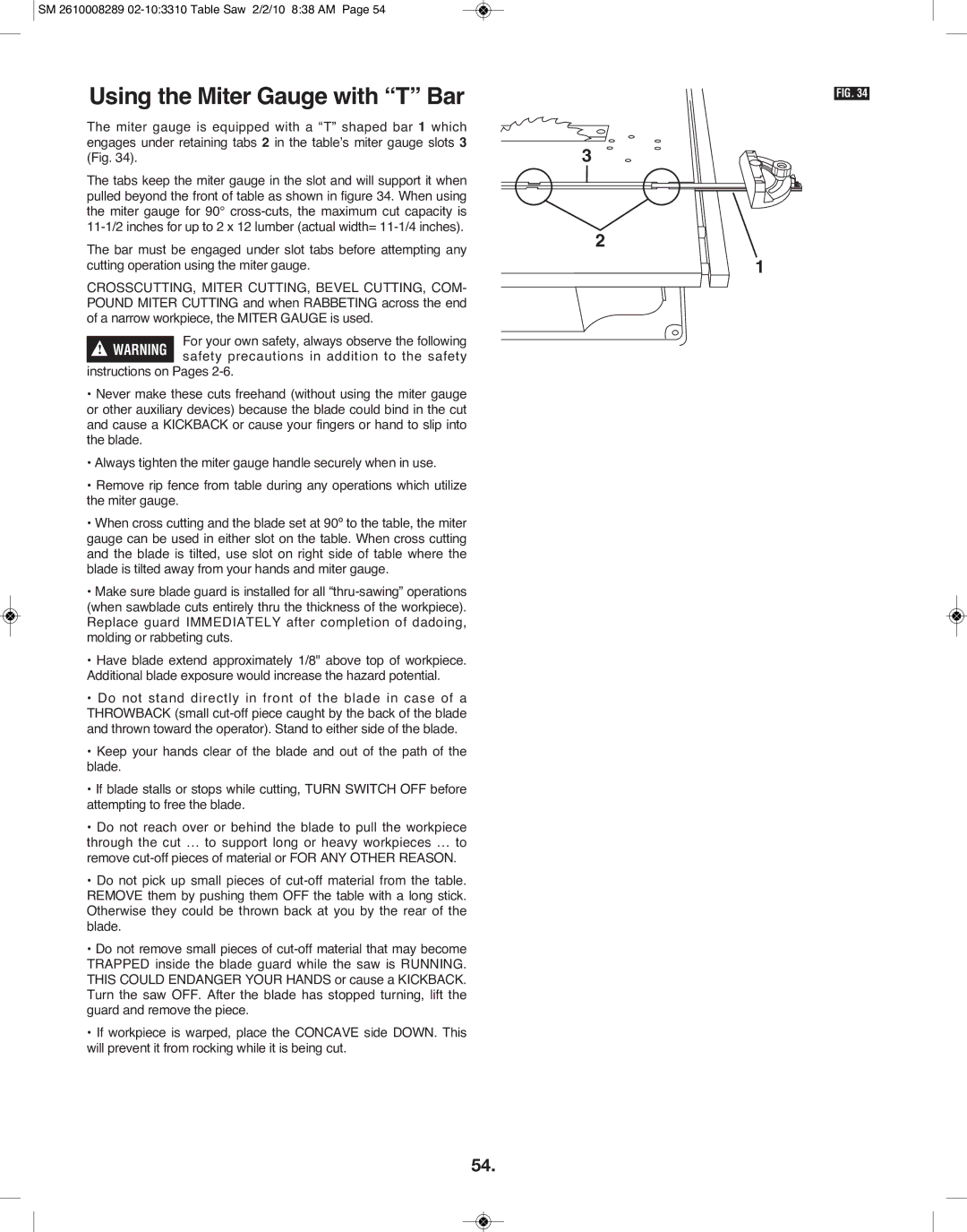 Skil 3310 manual Using the Miter Gauge with T Bar 