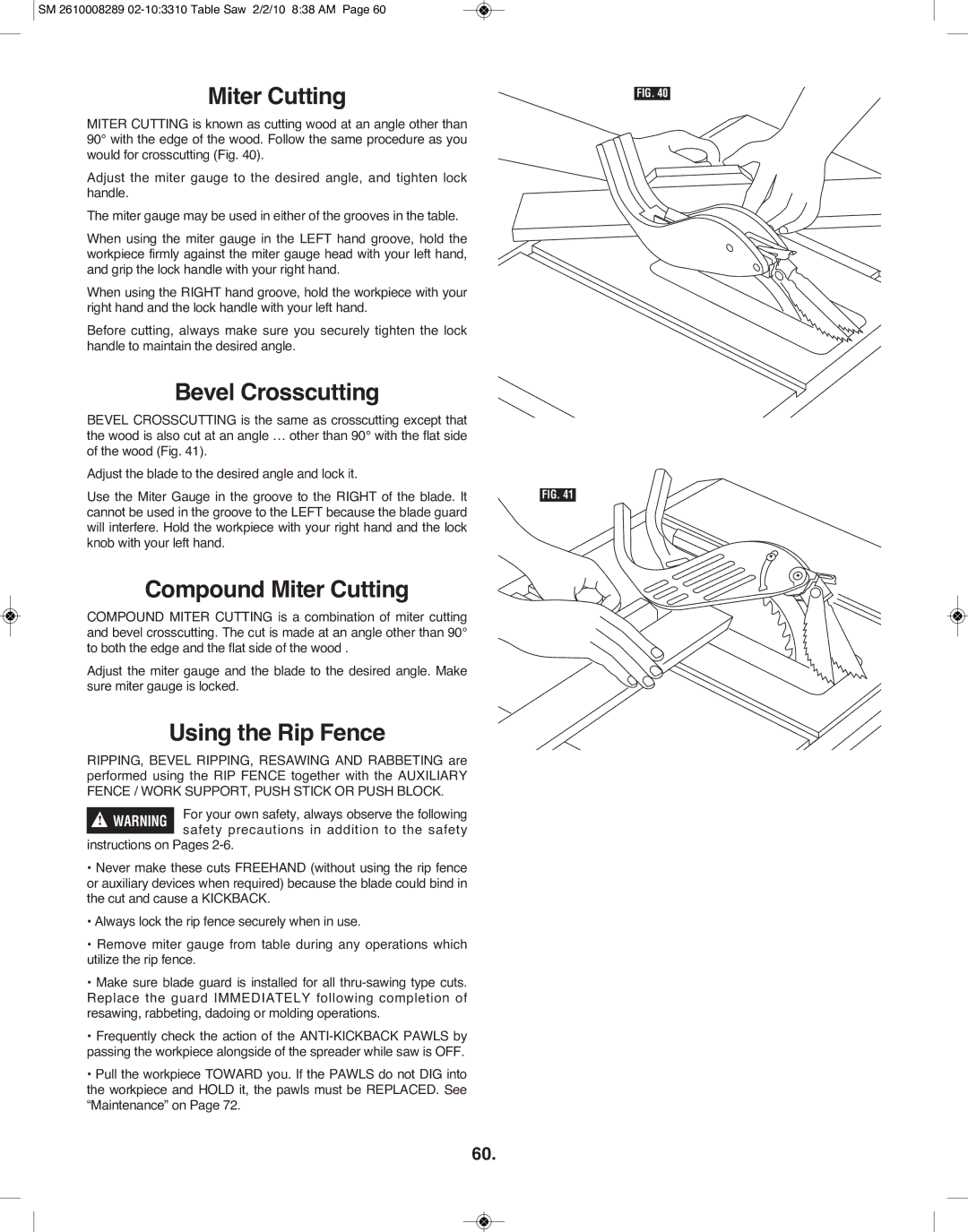 Skil 3310 manual Miter Cutting, Fence / Work SUPPORT, Push Stick or Push Block 