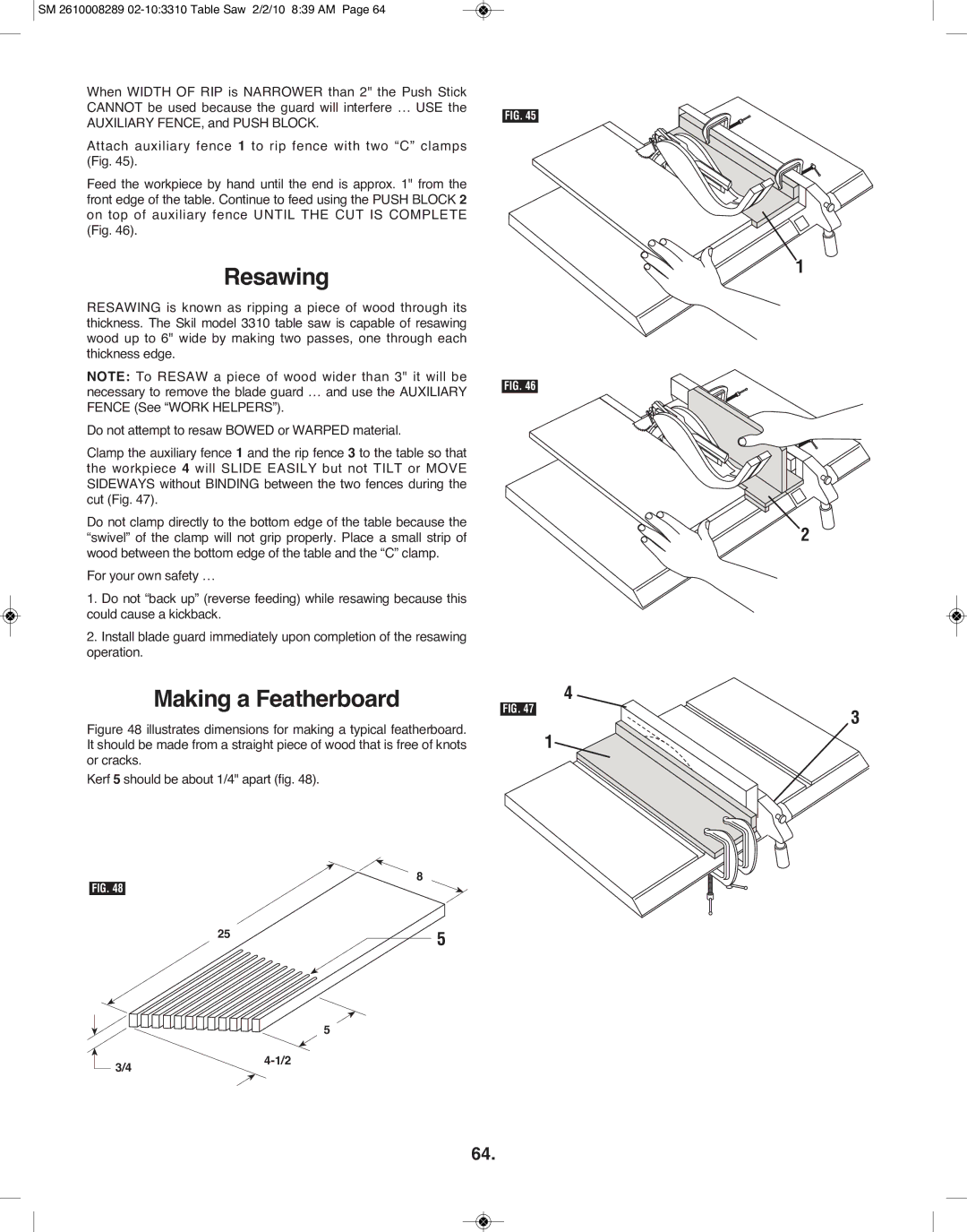 Skil 3310 manual Resawing, Making a Featherboard 