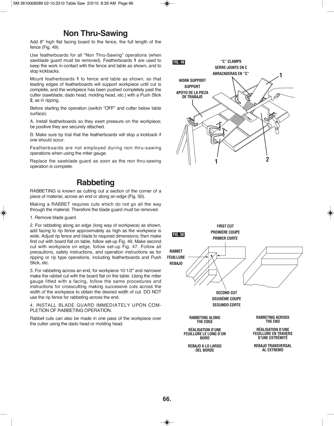 Skil 3310 manual Non Thru-Sawing, Install Blade Guard Immediately Upon COM, Pletion of Rabbeting Operation 