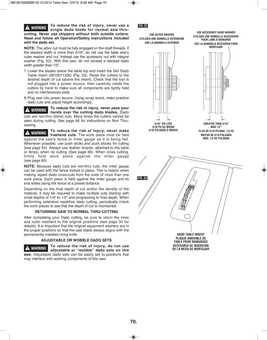 Skil 3310 manual Returning SAW to Normal THRU-CUTTING, Adjustable or Wobble Dado Sets 