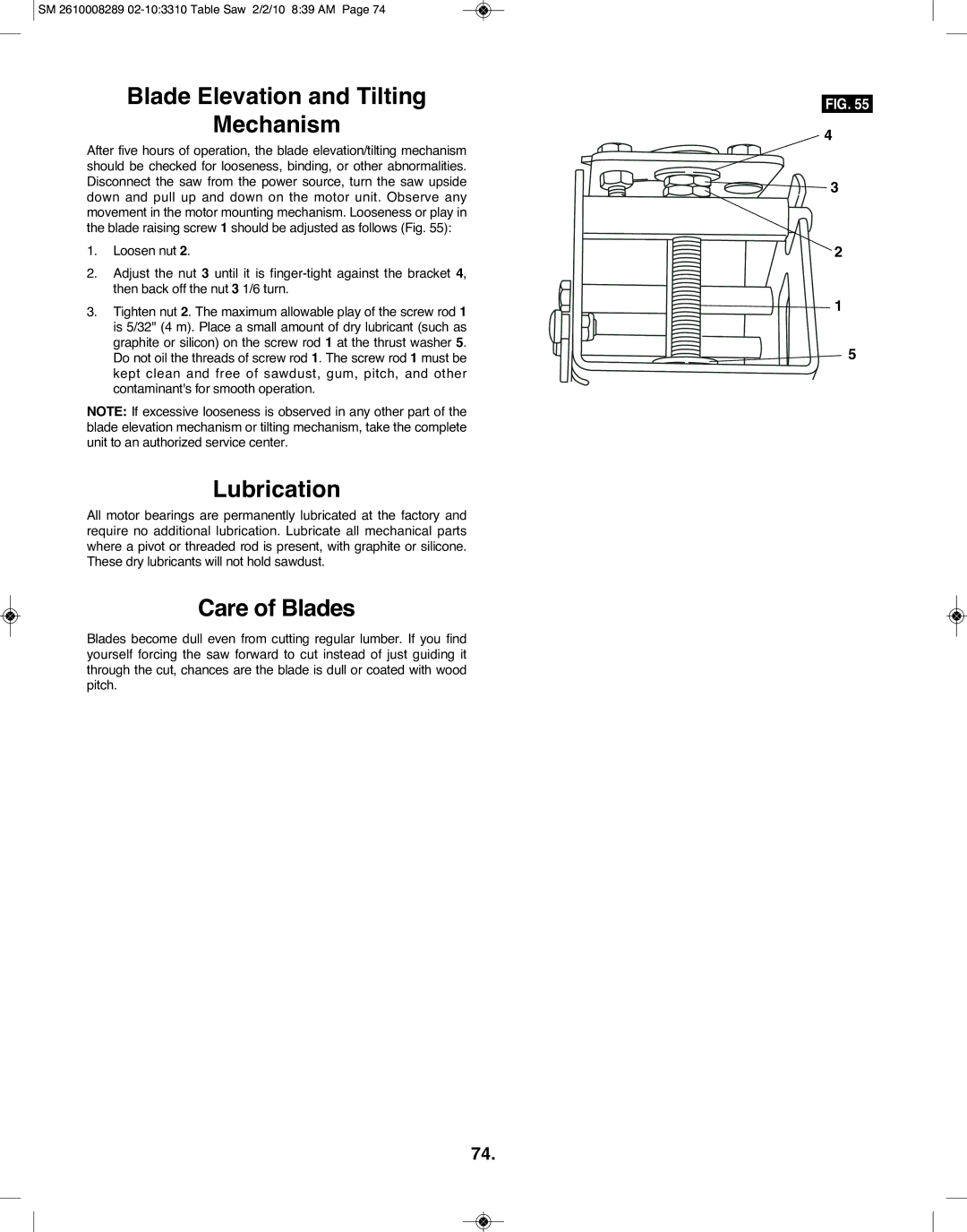 Skil 3310 manual Blade Elevation and Tilting Mechanism, Lubrication, Care of Blades 