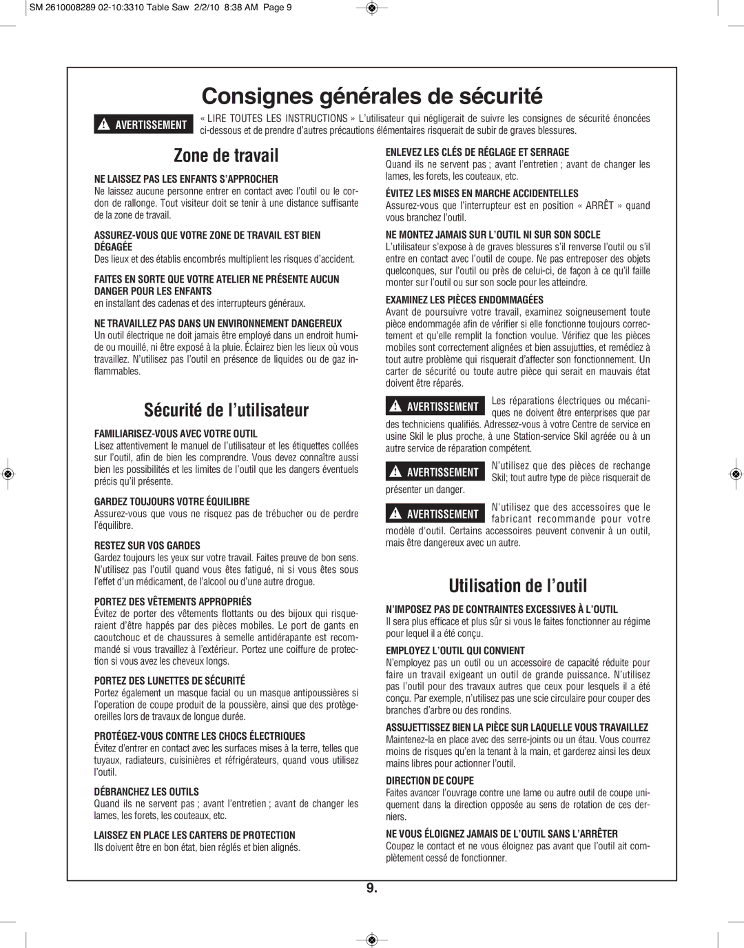 Skil 3310 manual Consignes générales de sécurité, Zone de travail, Sécurité de l’utilisateur, Utilisation de l’outil 