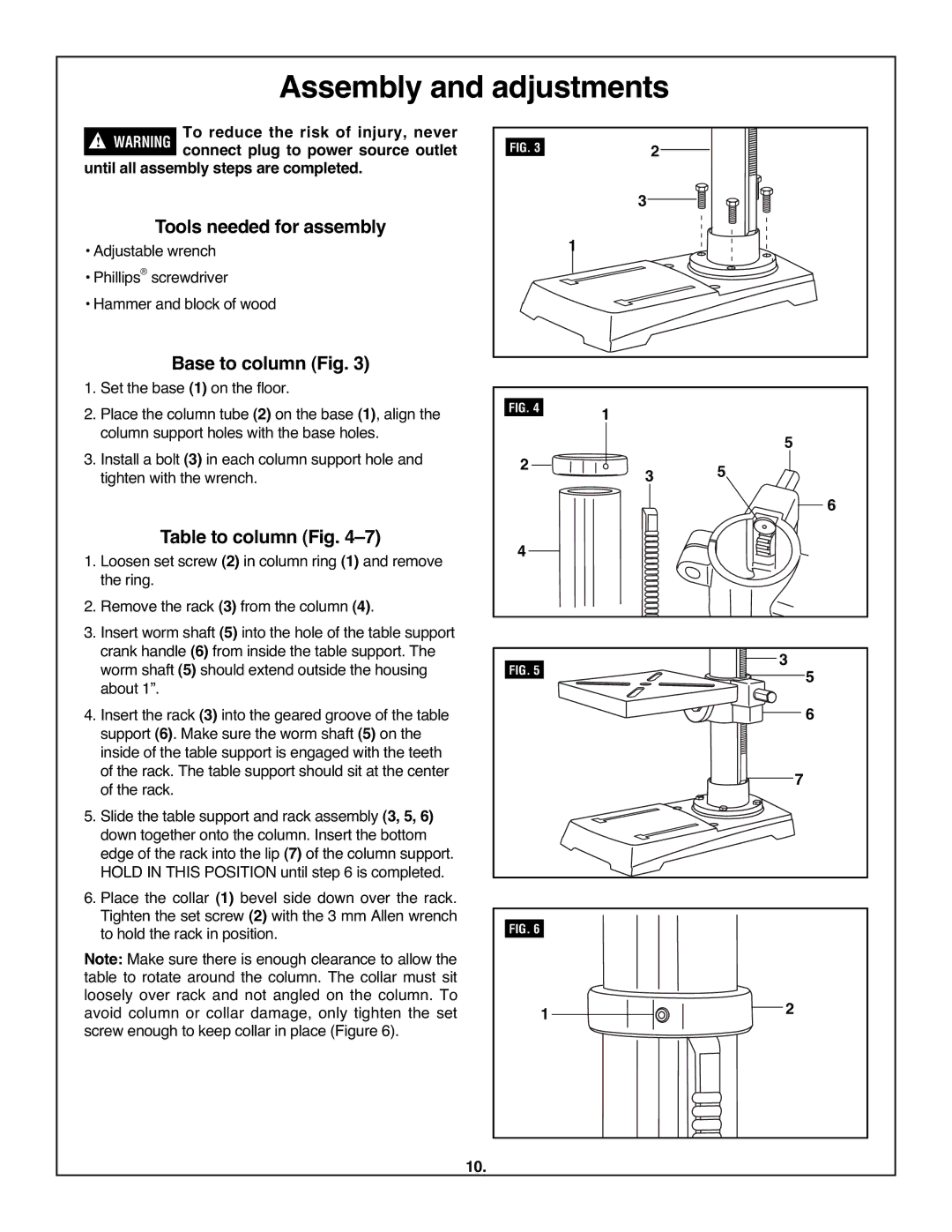 Skil 3320-01 manual Assembly and adjustments, Tools needed for assembly, Base to column Fig, Table to column Fig 