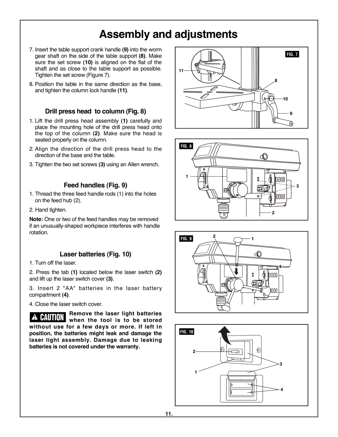 Skil 3320-01 manual Drill press head to column Fig, Feed handles Fig, Laser batteries Fig 