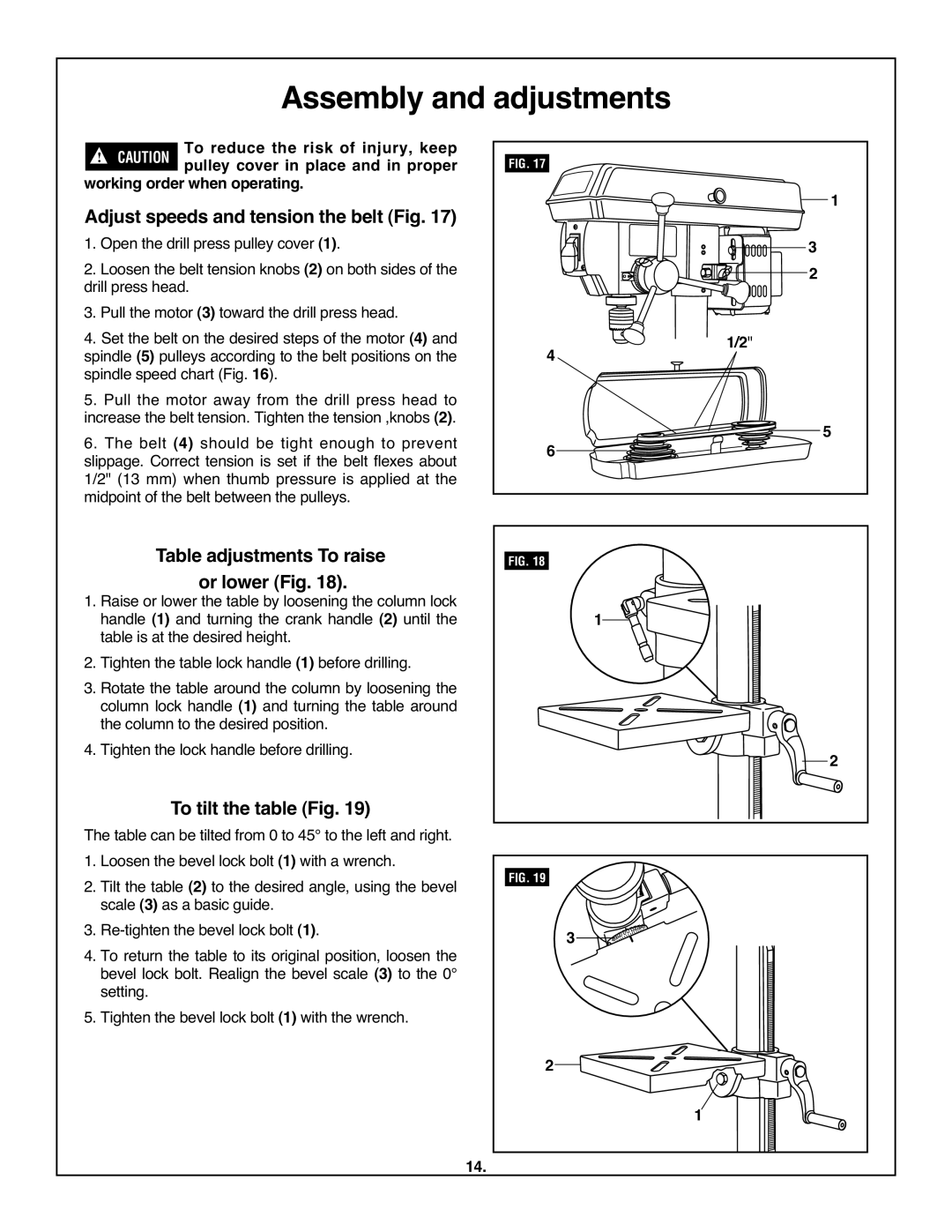 Skil 3320-01 manual Table adjustments To raise, Or lower Fig, To tilt the table Fig, Adjust speeds and tension the belt Fig 