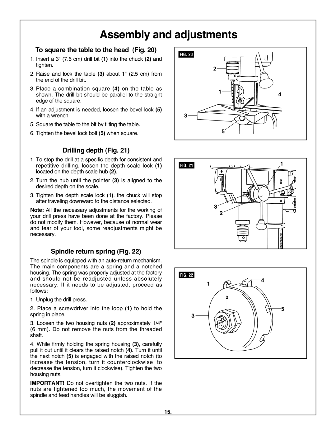 Skil 3320-01 manual To square the table to the head Fig, Drilling depth Fig, Spindle return spring Fig 