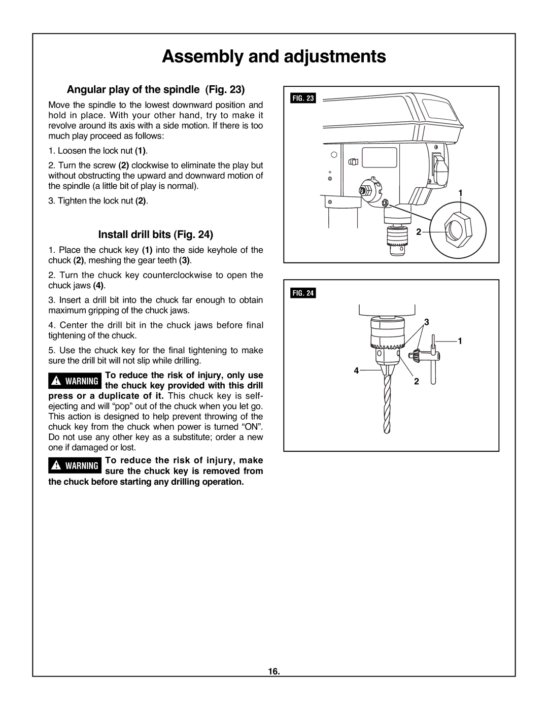 Skil 3320-01 manual Angular play of the spindle Fig, Install drill bits Fig 