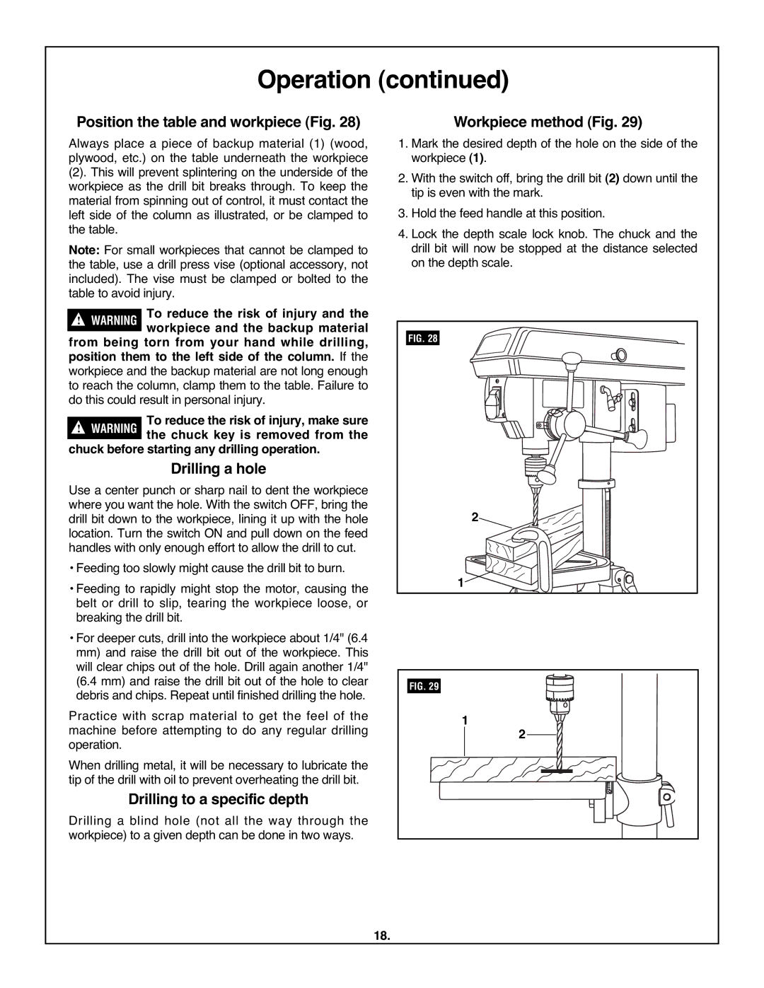 Skil 3320-01 manual Position the table and workpiece Fig, Drilling to a specific depth, Workpiece method Fig 