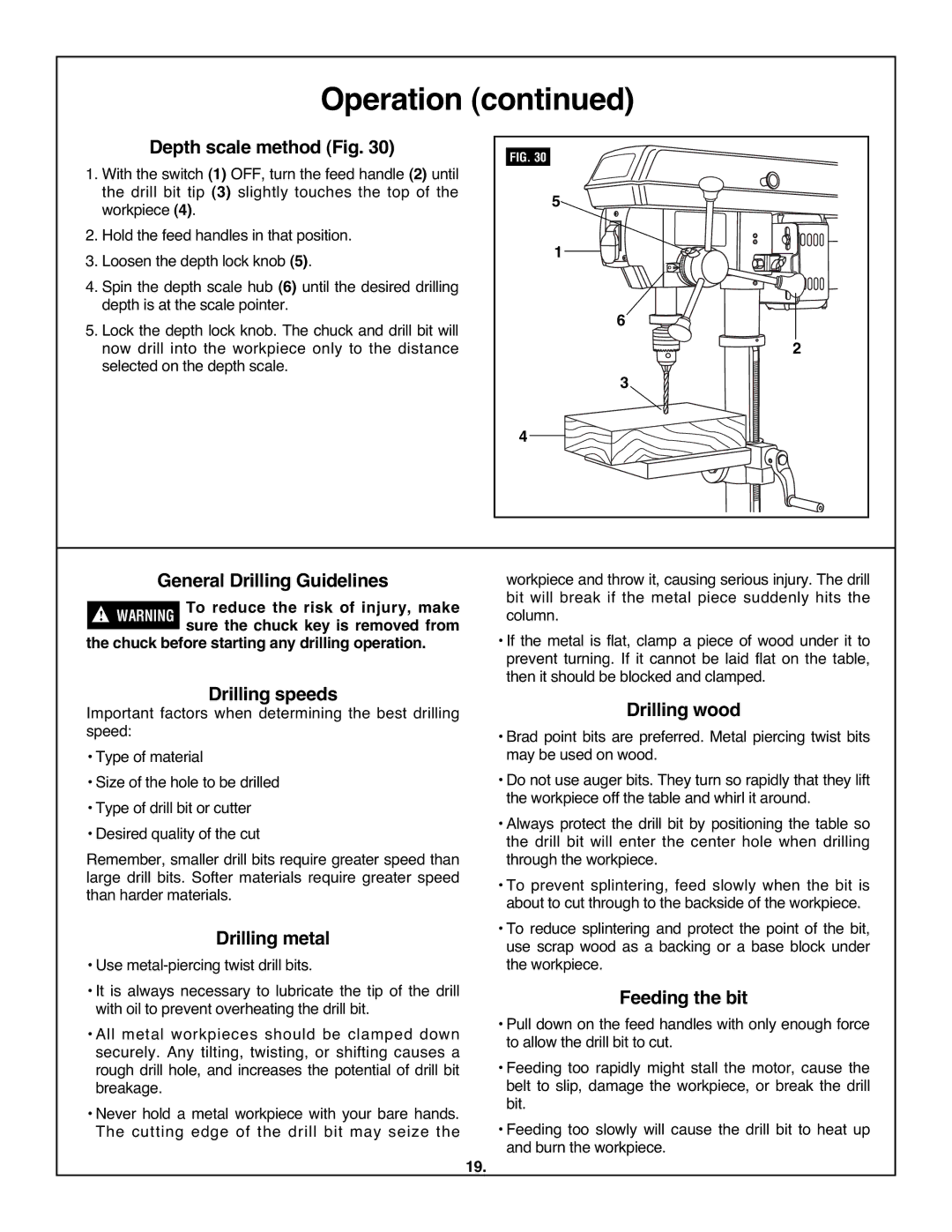 Skil 3320-01 manual Depth scale method Fig, General Drilling Guidelines, Drilling speeds, Drilling metal 