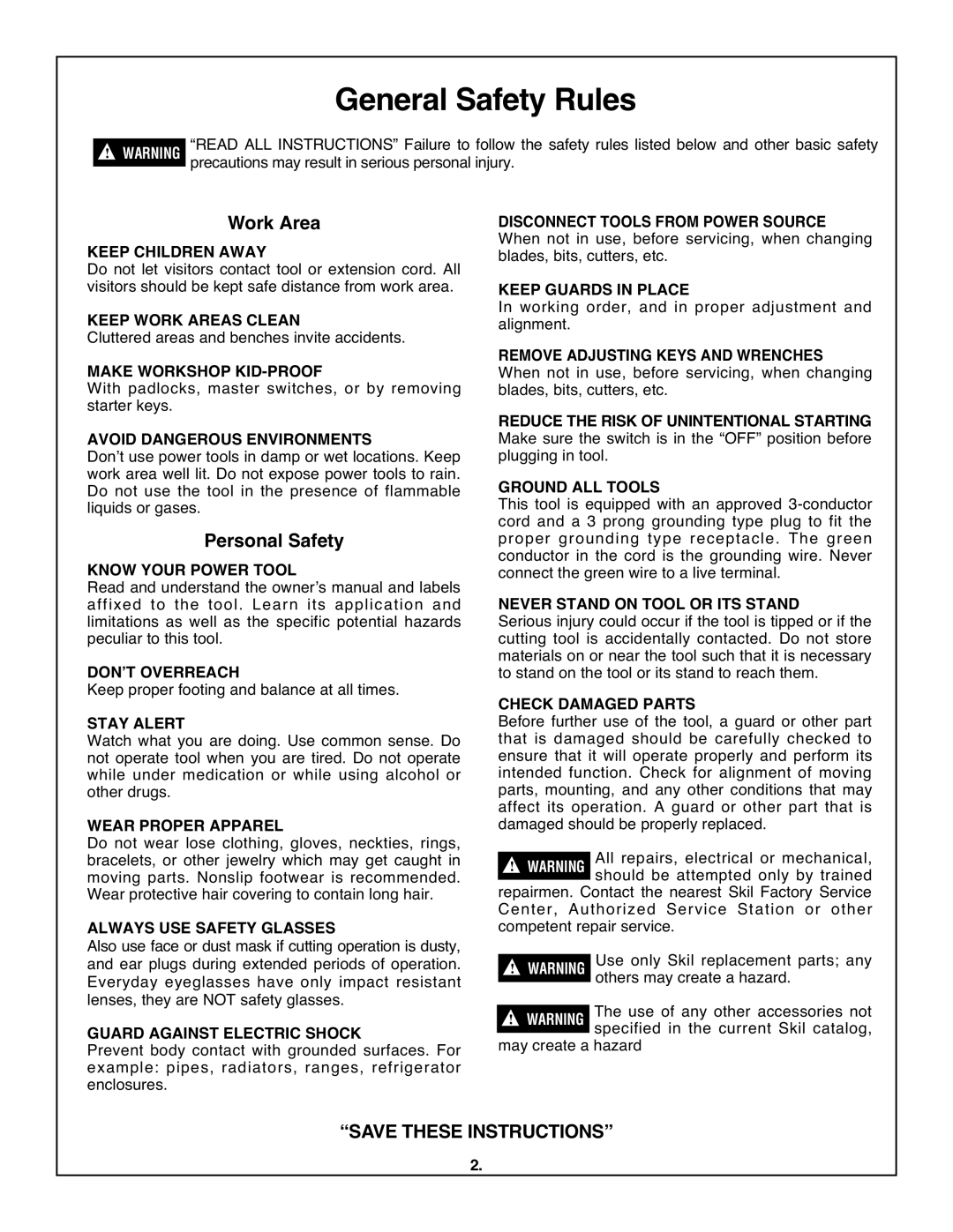 Skil 3320-01 manual General Safety Rules, Work Area, Personal Safety 