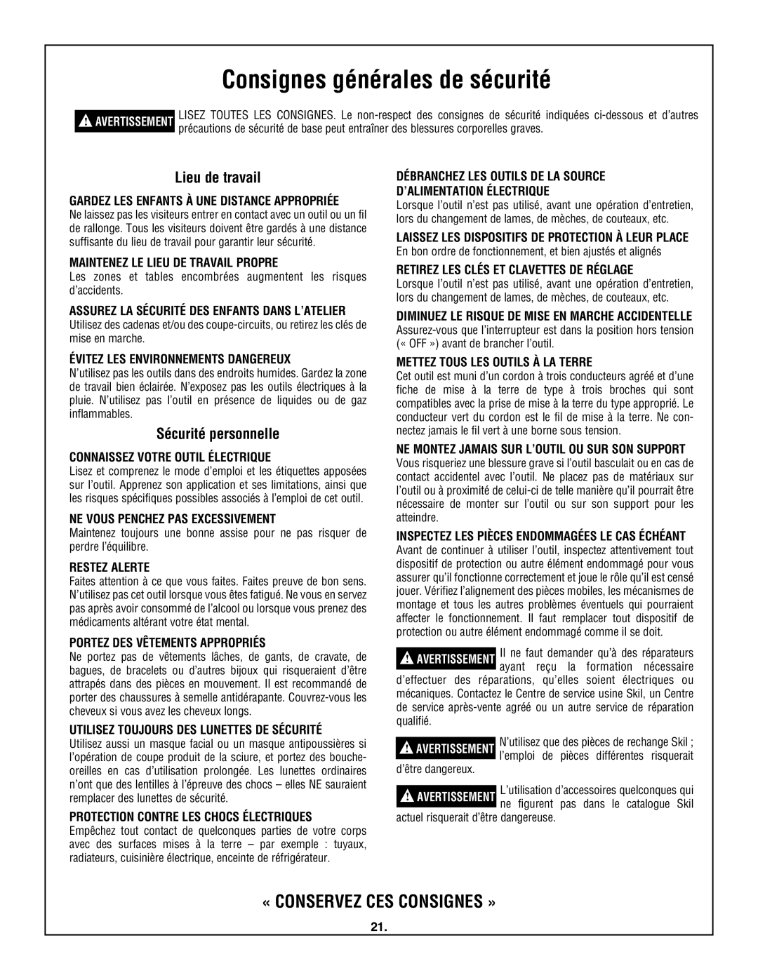 Skil 3320-01 manual Consignes générales de sécurité, Lieu de travail, Sécurité personnelle 