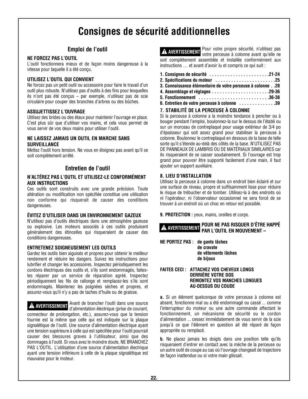 Skil 3320-01 manual Consignes de sécurité additionnelles, Emploi de l’outil, Entretien de l’outil 