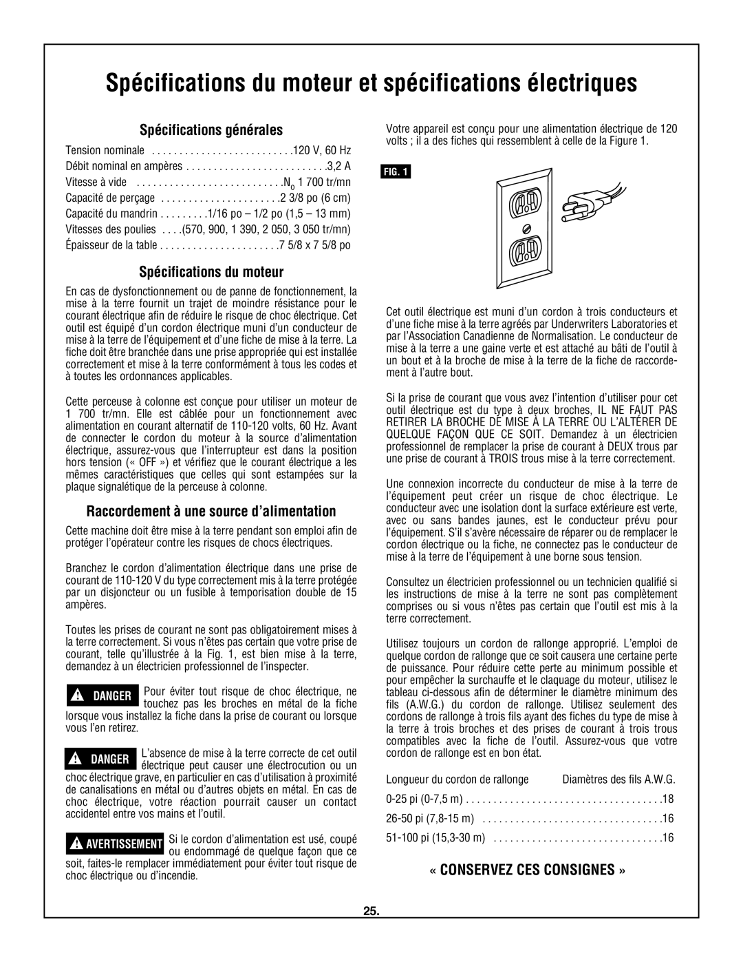 Skil 3320-01 manual Spécifications générales, Spécifications du moteur, Raccordement à une source d’alimentation 