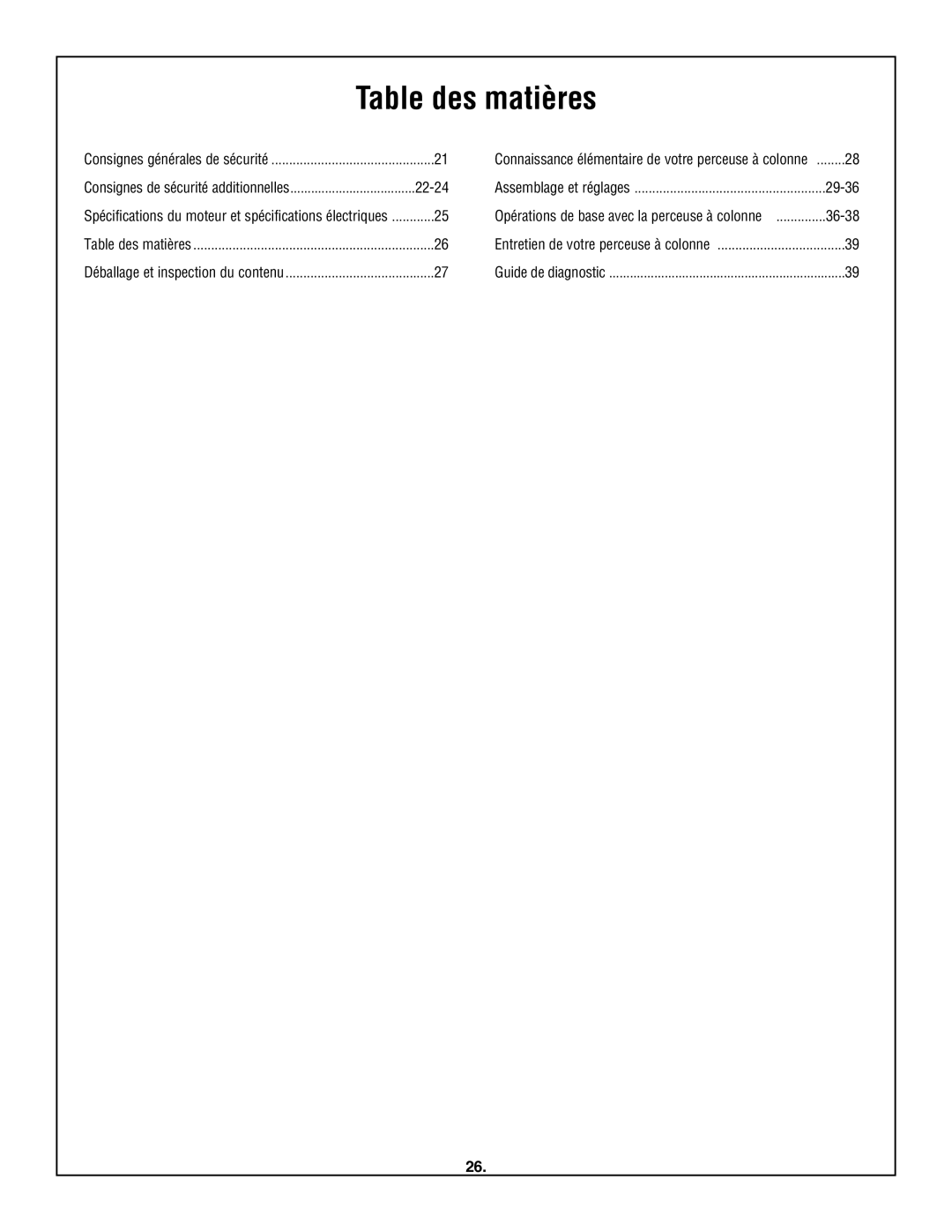 Skil 3320-01 manual Table des matières, 29-36, 36-38 