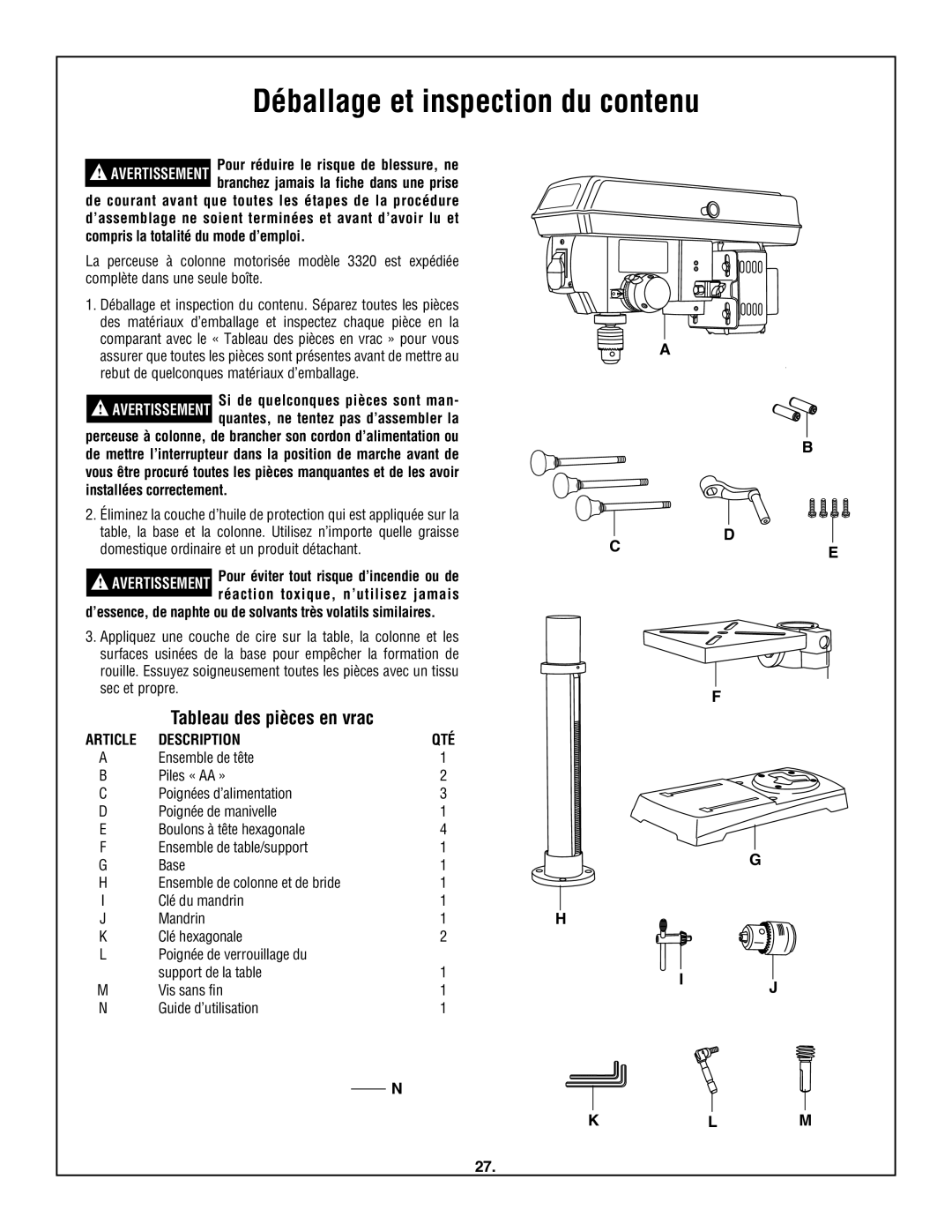 Skil 3320-01 manual Déballage et inspection du contenu, Tableau des pièces en vrac, Article Description 