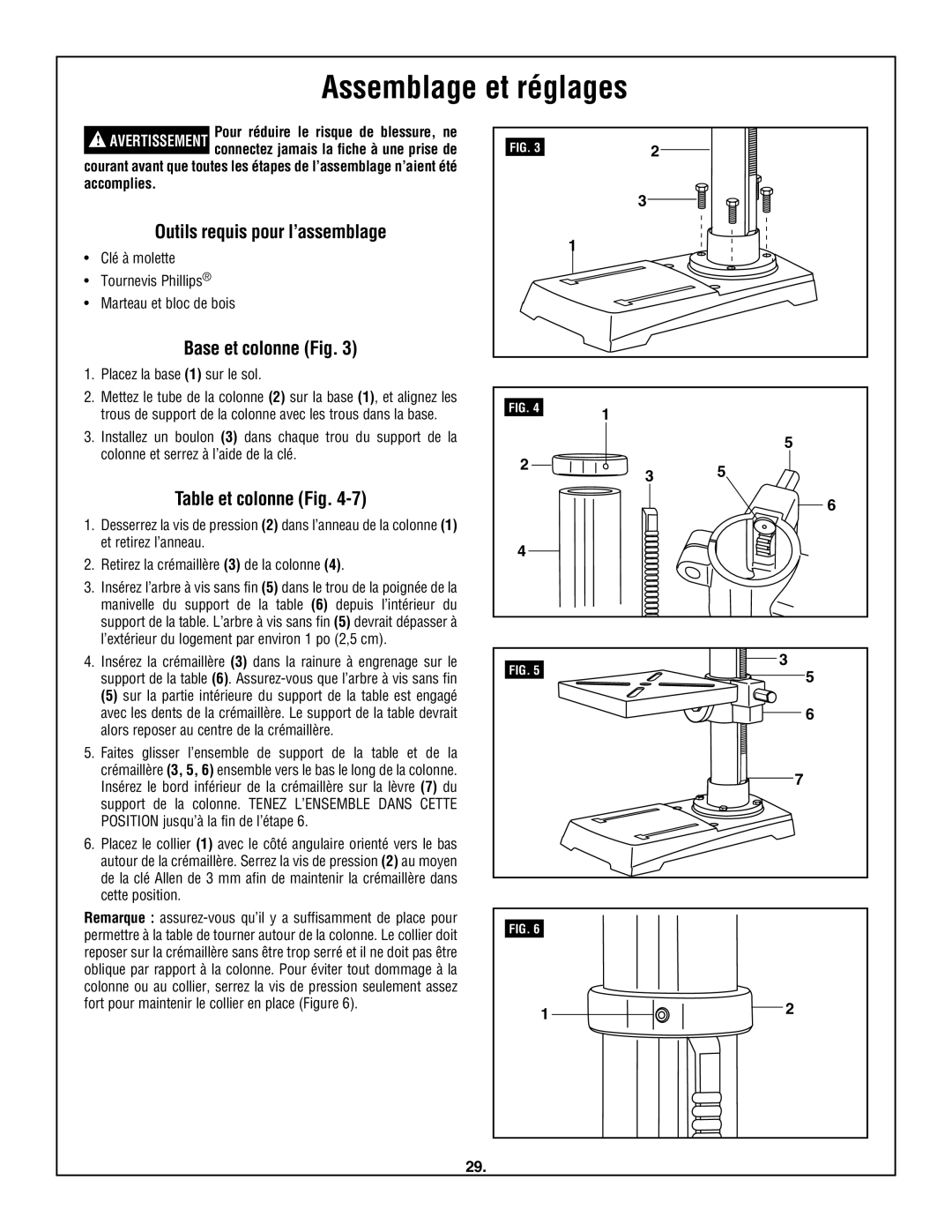 Skil 3320-01 manual Assemblage et réglages, Outils requis pour l’assemblage, Base et colonne Fig, Table et colonne Fig 