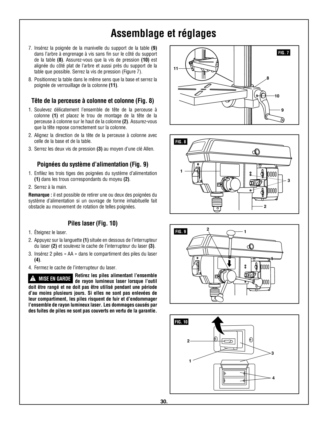 Skil 3320-01 manual Poignées du système d’alimentation Fig, Piles laser Fig, Éteignez le laser 