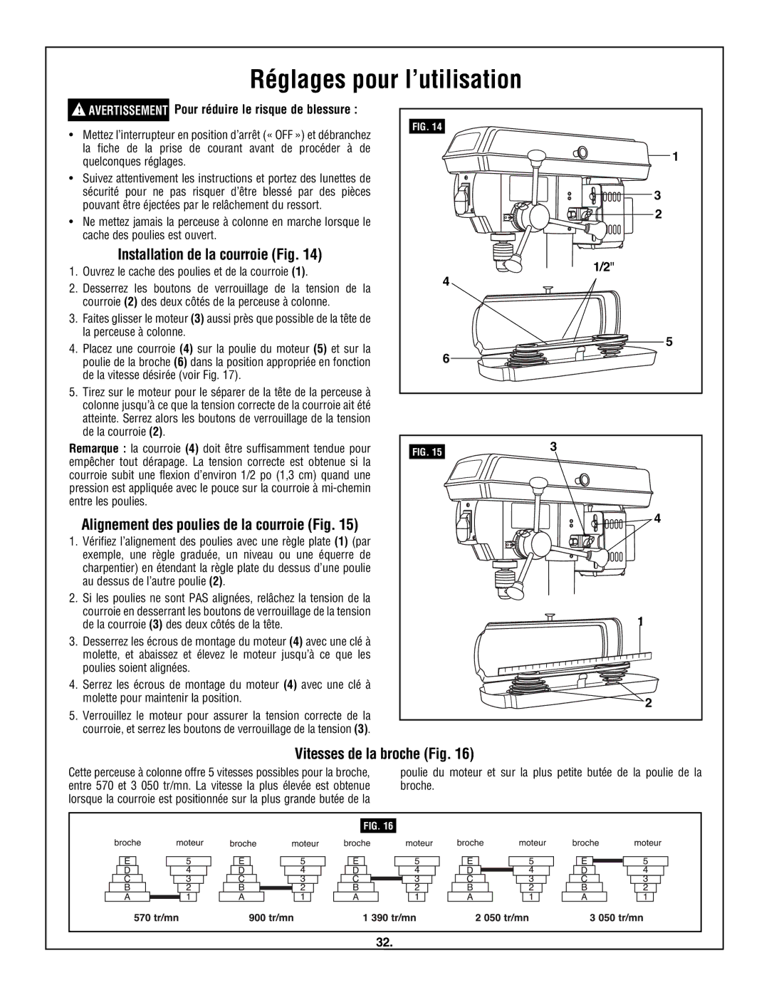 Skil 3320-01 manual Installation de la courroie Fig, Vitesses de la broche Fig, Alignement des poulies de la courroie Fig 