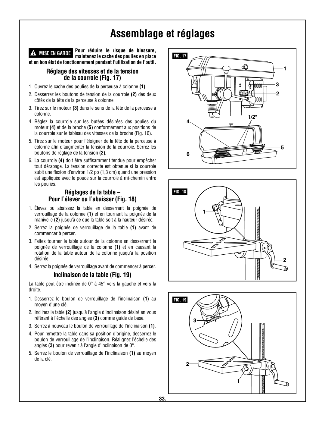 Skil 3320-01 manual Réglage des vitesses et de la tension De la courroie Fig, Inclinaison de la table Fig 