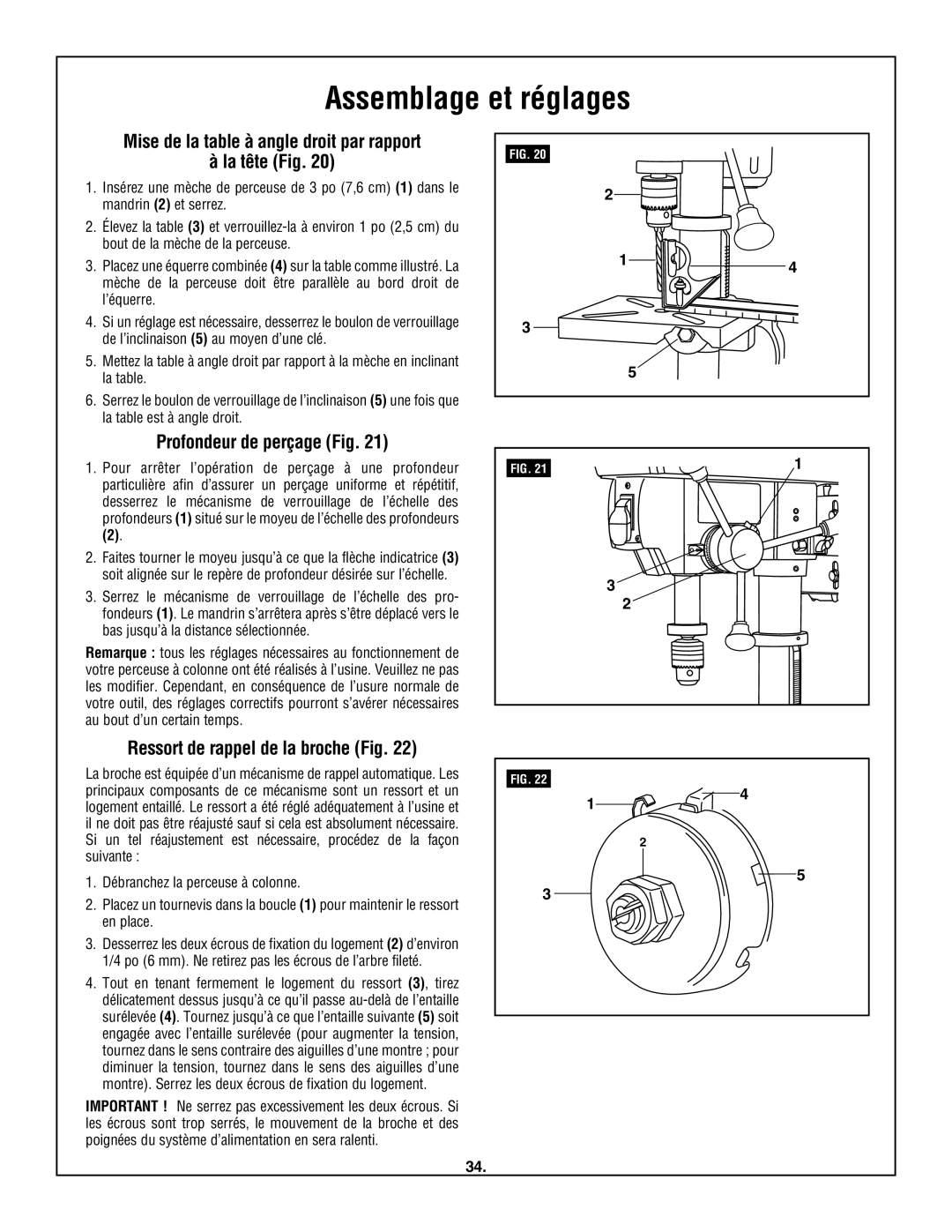 Skil 3320-01 manual Mise de la table à angle droit par rapport La tête Fig, Profondeur de perçage Fig 