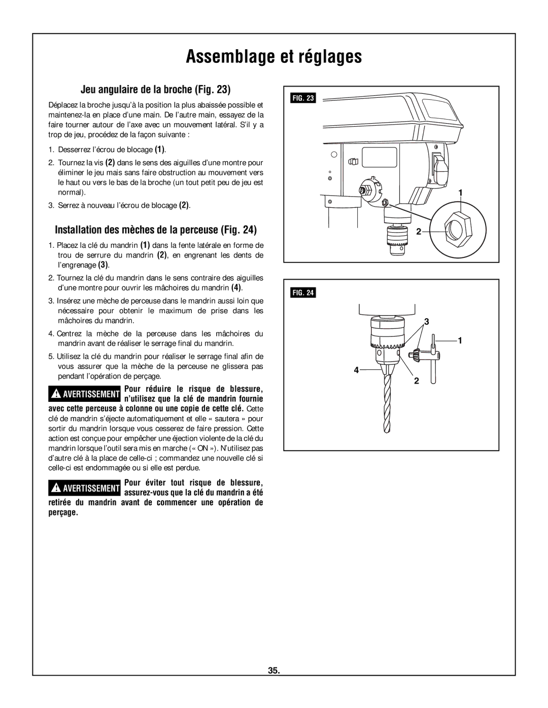 Skil 3320-01 manual Jeu angulaire de la broche Fig, Installation des mèches de la perceuse Fig 