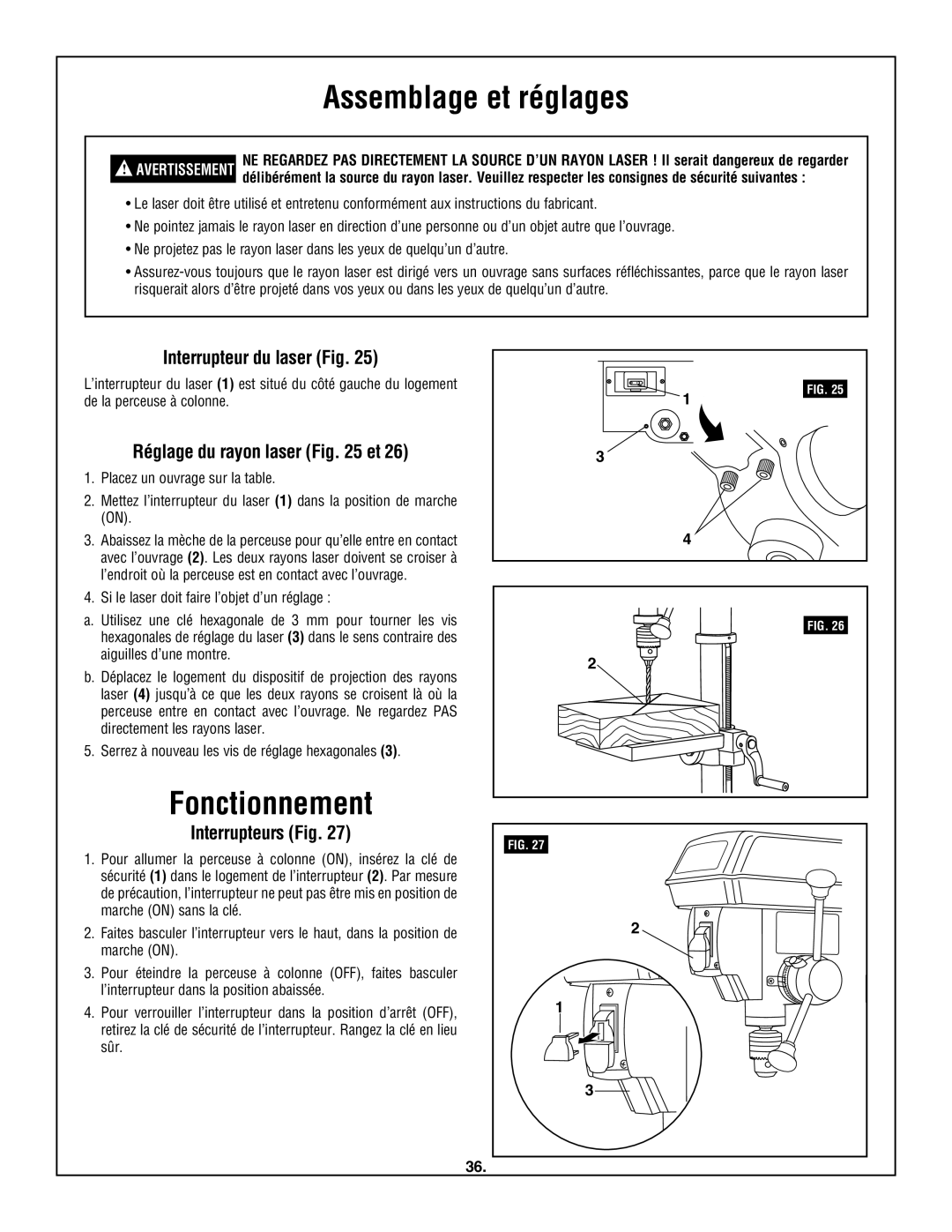 Skil 3320-01 manual Fonctionnement, Interrupteur du laser Fig, Réglage du rayon laser et, Interrupteurs Fig 