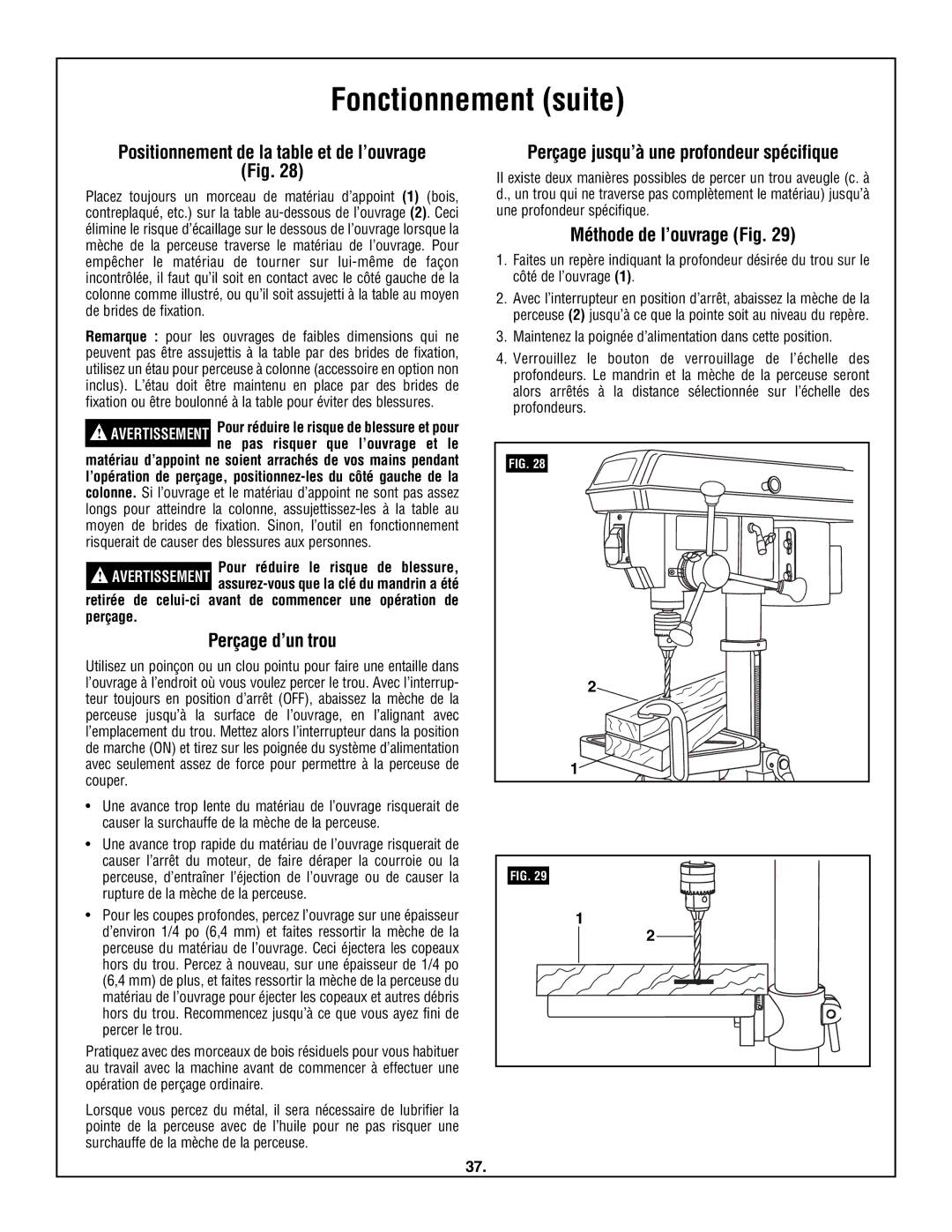 Skil 3320-01 Fonctionnement suite, Positionnement de la table et de l’ouvrage, Perçage d’un trou, Méthode de l’ouvrage Fig 