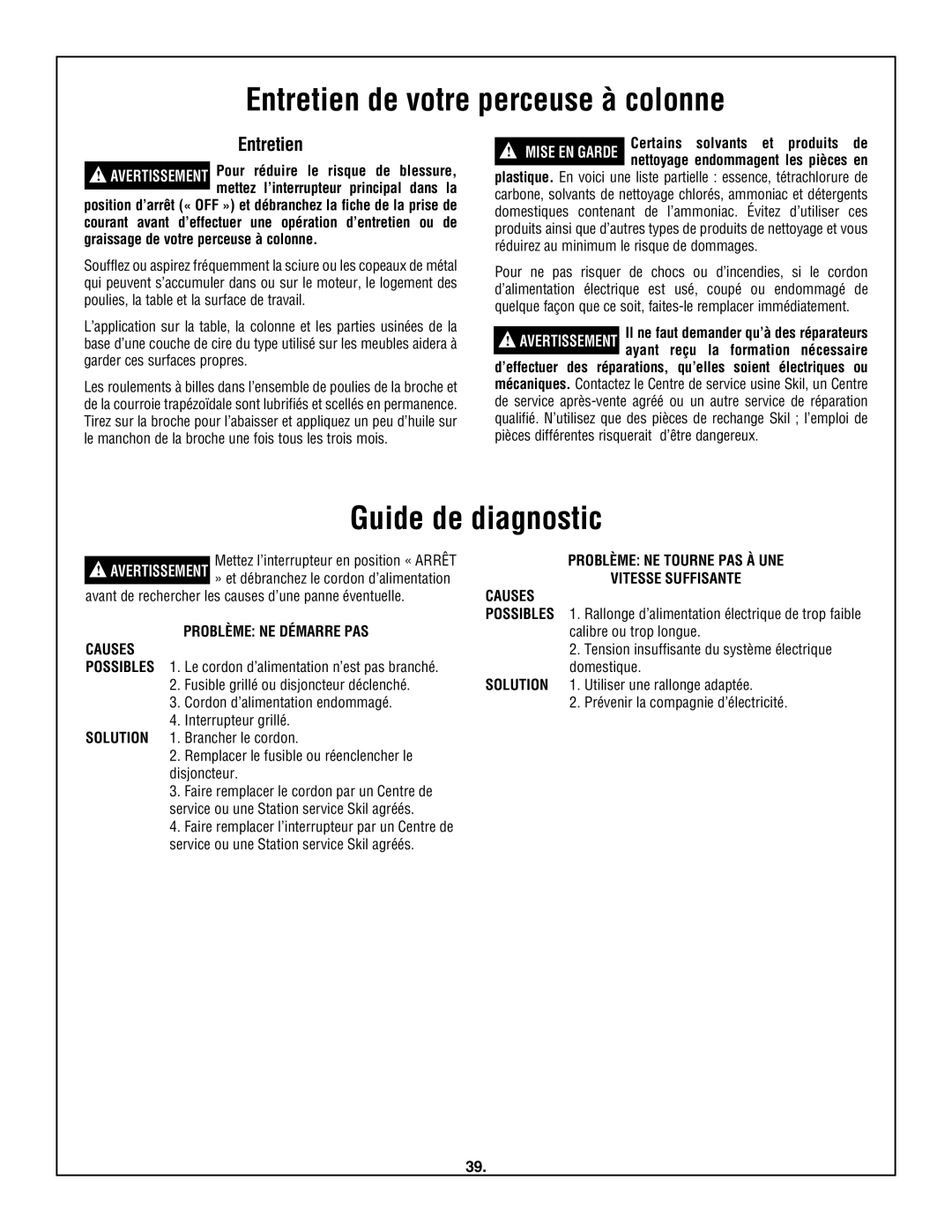 Skil 3320-01 manual Entretien de votre perceuse à colonne, Guide de diagnostic 