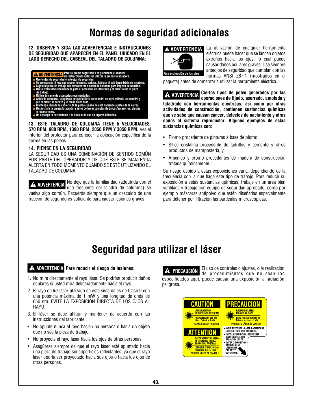 Skil 3320-01 Seguridad para utilizar el láser, Piense EN LA Seguridad, Advertencia Para reducir el riesgo de lesiones 