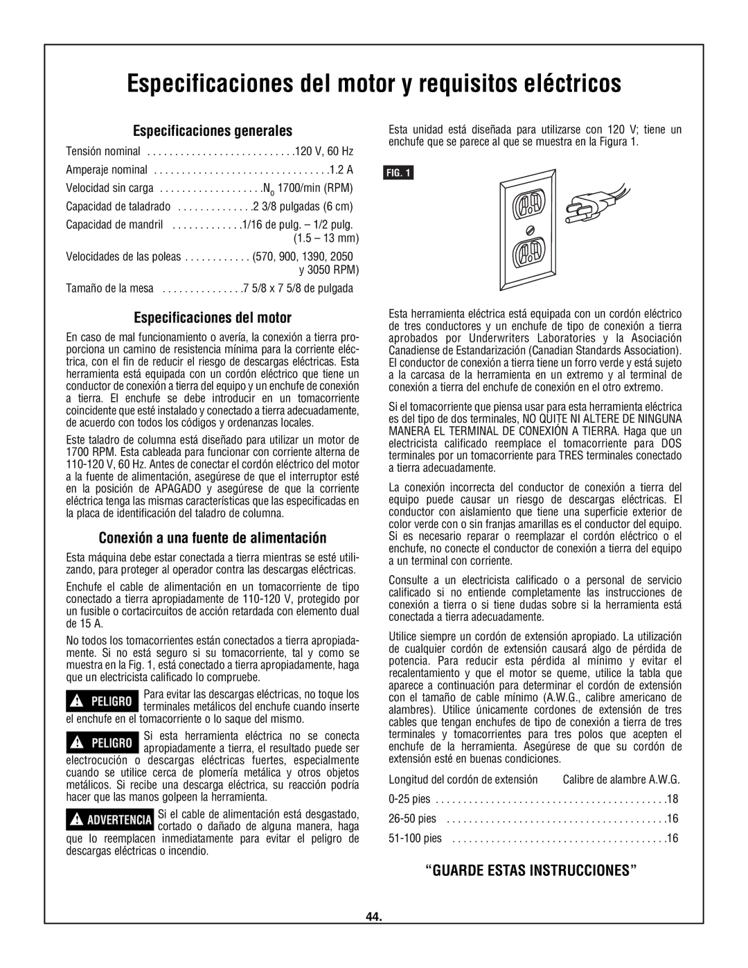 Skil 3320-01 manual Especificaciones del motor y requisitos eléctricos, Especificaciones generales 