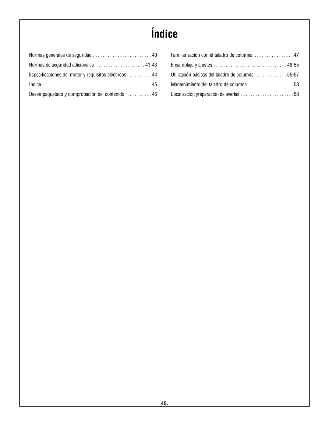 Skil 3320-01 manual Índice, 41-43, 48-55, 55-57 